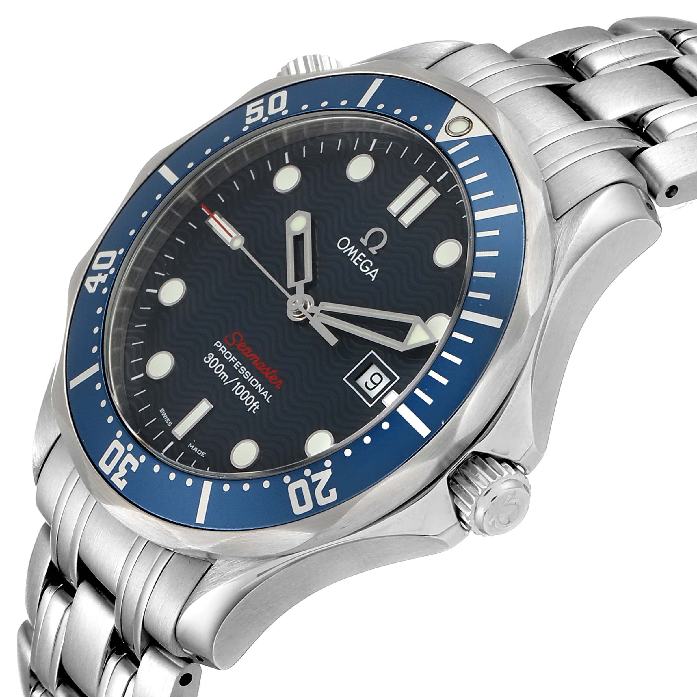 The image shows the face, bezel, crown, and part of the bracelet of an Omega Seamaster 2221.80.00 Men
s Stainless Steel Blue Dial 2221.80.00 Men
s Stainless Steel Blue Dial watch at a three-quarter angle.