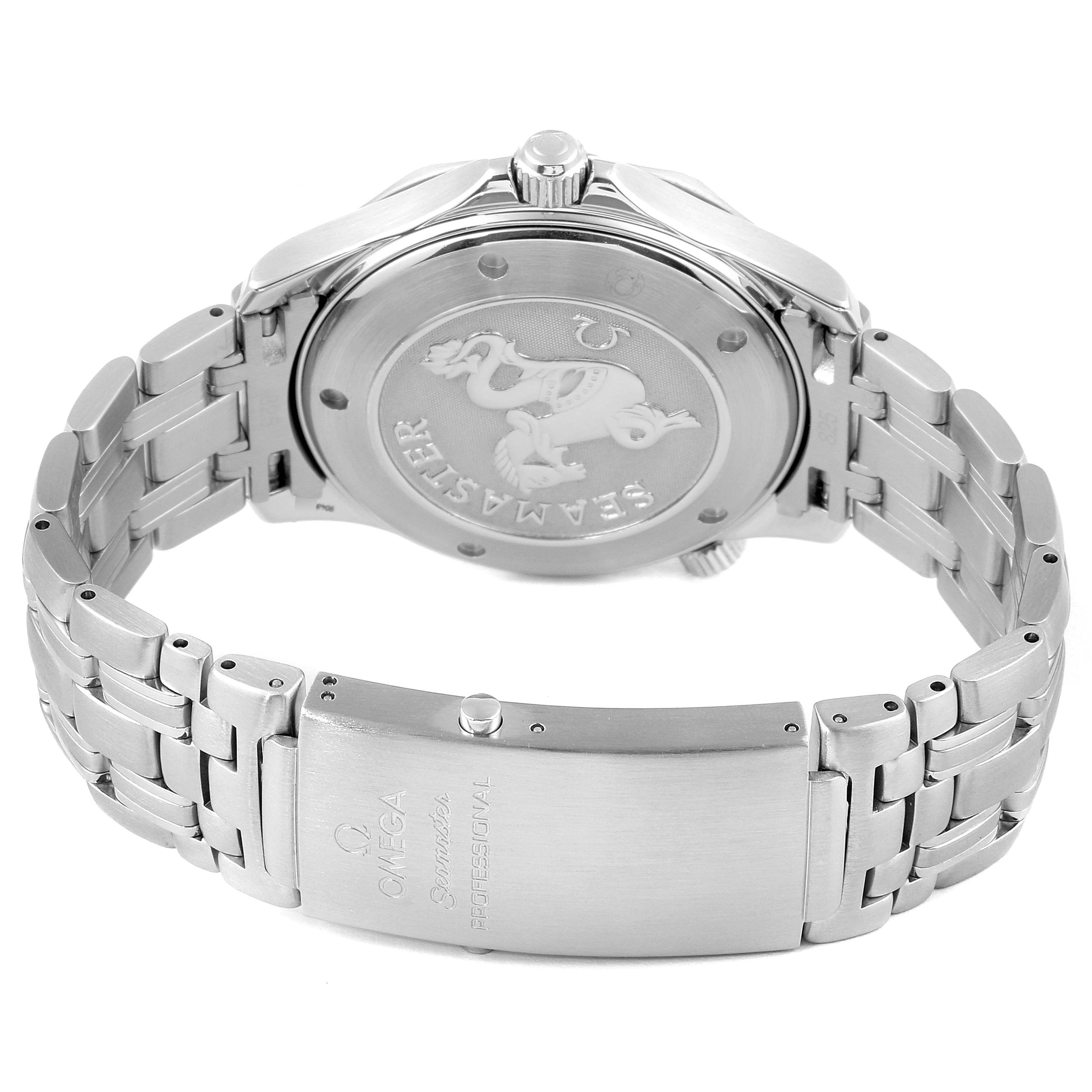 The image shows the rear view of an Omega Seamaster 2221.80.00 Men
s Stainless Steel Blue Dial 2221.80.00 Men
s Stainless Steel Blue Dial watch, highlighting the case back and clasp portion of the metal bracelet.