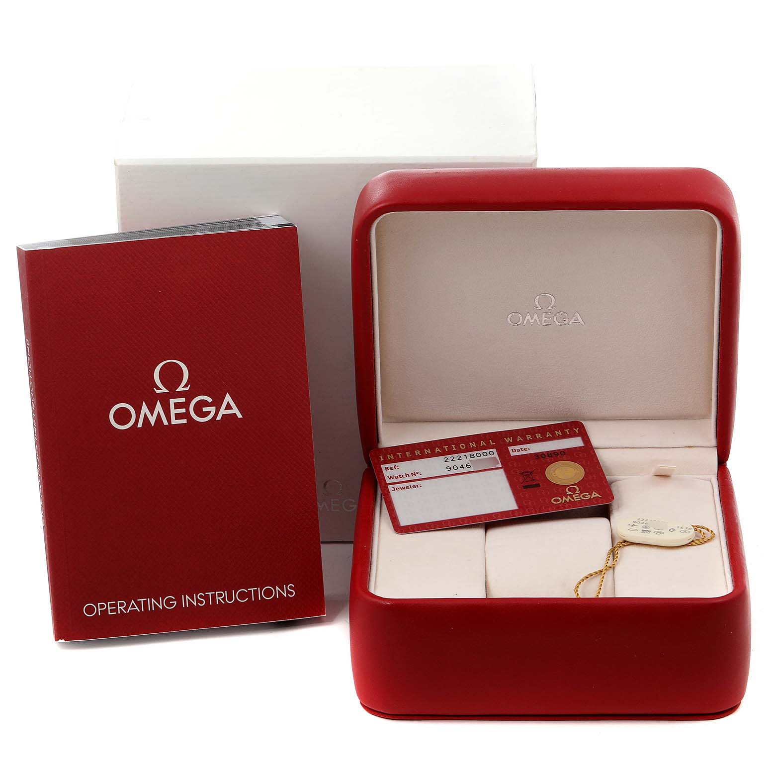 The image shows the packaging for an Omega Seamaster 2221.80.00 Men
s Stainless Steel Blue Dial 2221.80.00 Men
s Stainless Steel Blue Dial, including the watch box, warranty card, and operating instructions.
