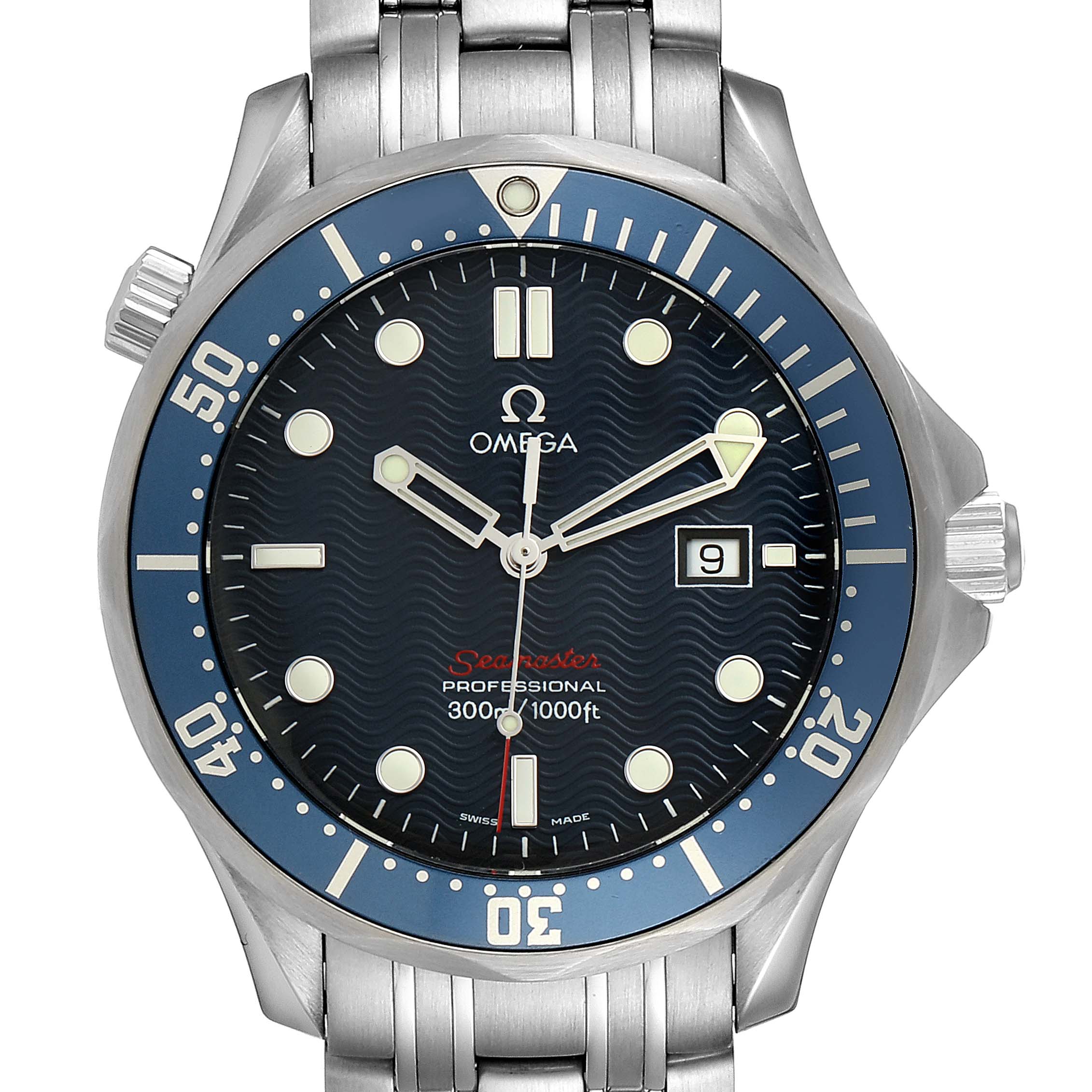 The image shows a front view of the Omega Seamaster 2221.80.00 Men
s Stainless Steel Blue Dial 2221.80.00 Men
s Stainless Steel Blue Dial watch, displaying its dial, hands, date window, bezel, and part of the bracelet.