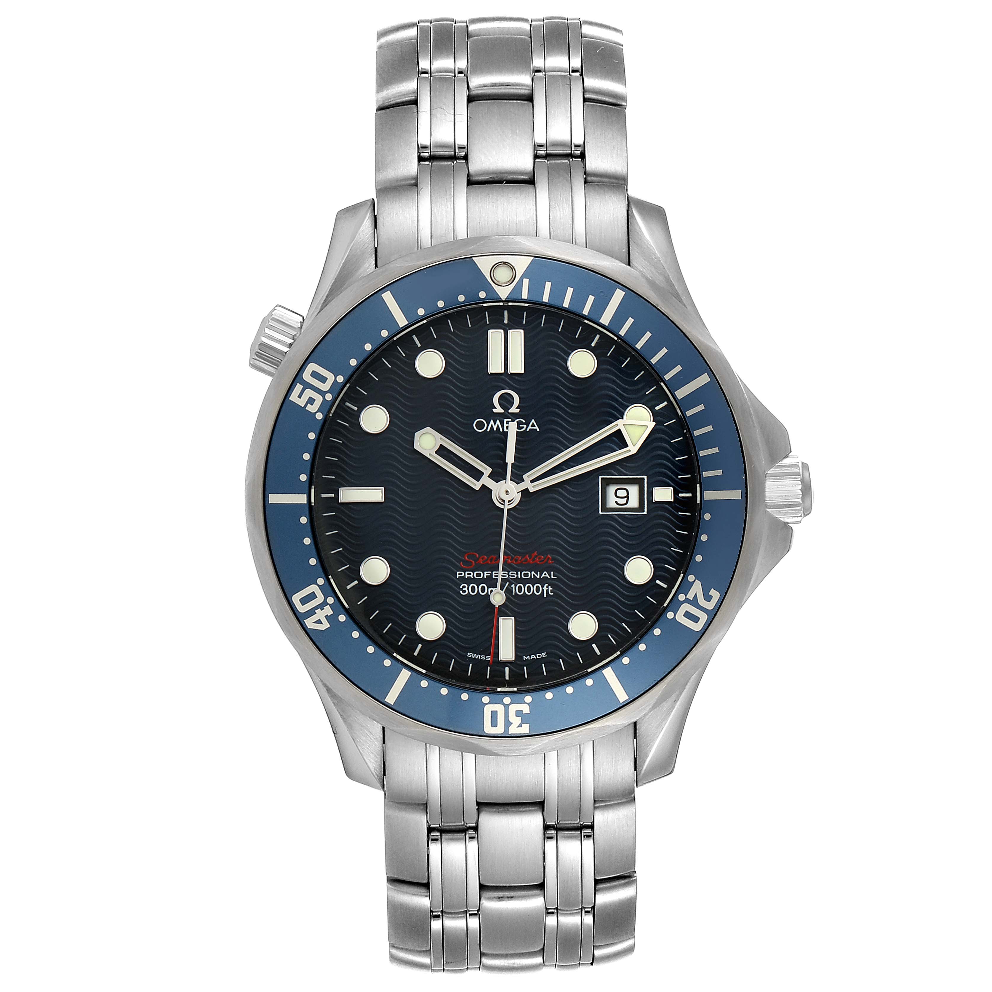 The image shows a front view of an Omega Seamaster 2221.80.00 Men
s Stainless Steel Blue Dial 2221.80.00 Men
s Stainless Steel Blue Dial watch, displaying the dial, bezel, and metal bracelet.