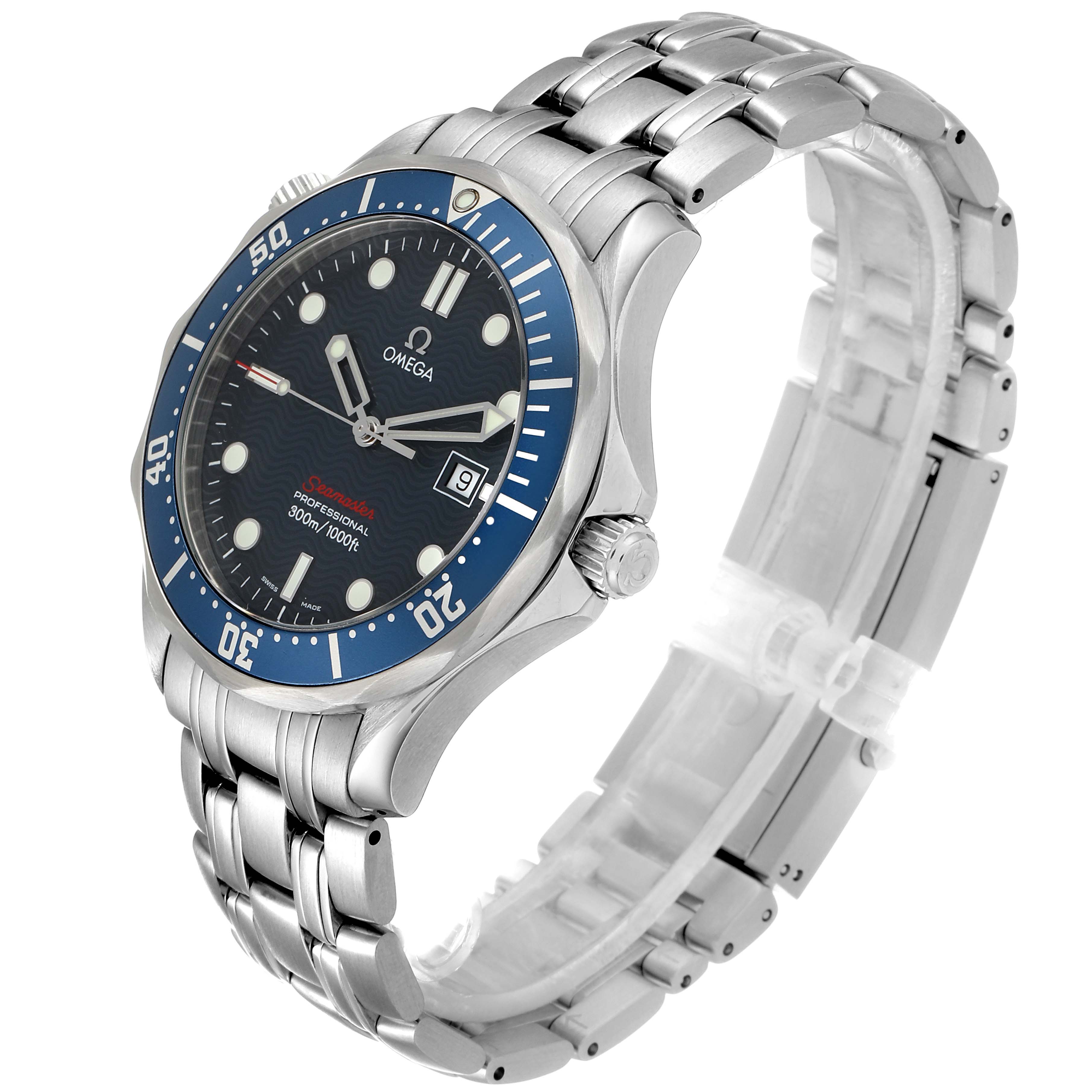 The Omega Seamaster 2221.80.00 Men
s Stainless Steel Blue Dial 2221.80.00 Men
s Stainless Steel Blue Dial watch is shown at a three-quarter angle, highlighting the dial, crown, bezel, and stainless steel bracelet.
