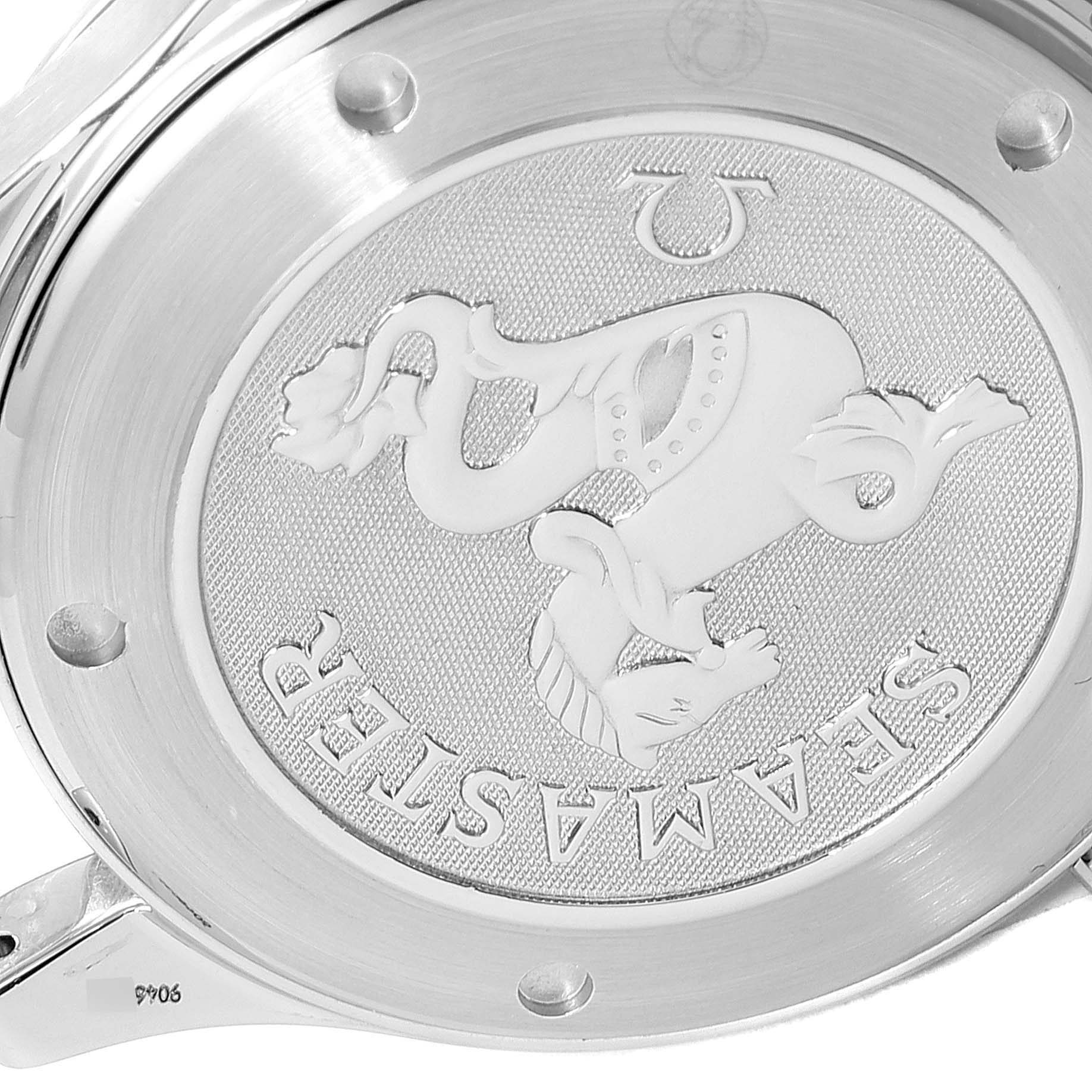 The image shows the engraved case back of an Omega Seamaster 2221.80.00 Men
s Stainless Steel Blue Dial 2221.80.00 Men
s Stainless Steel Blue Dial watch, highlighting the emblem and brand name.