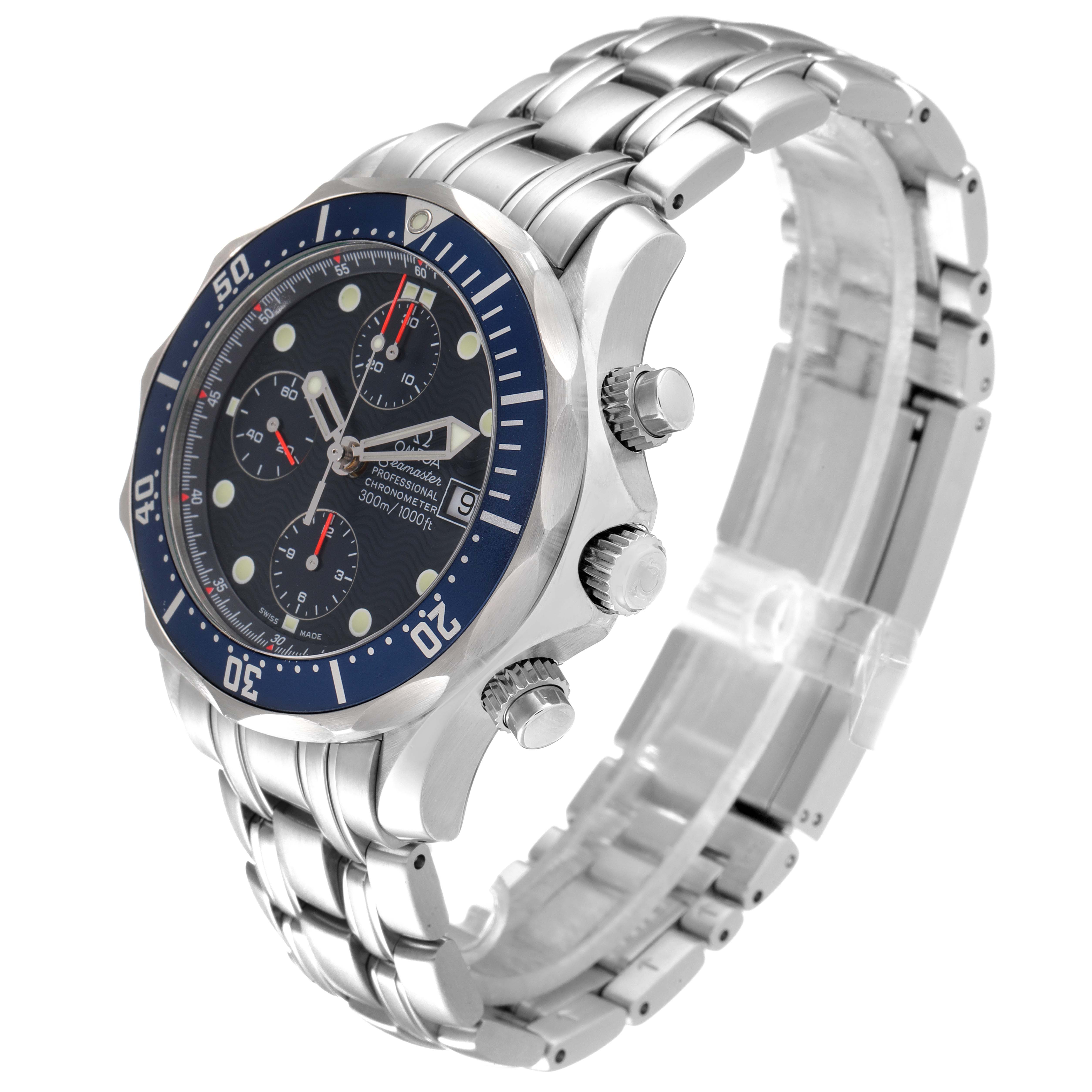 The Omega Seamaster 2599.80.00 Men's Stainless Steel Blue Dial 2599.80.00 Men's Stainless Steel Blue Dial watch is shown at a three-quarter angle, highlighting its face, crown, pushers, and bracelet.