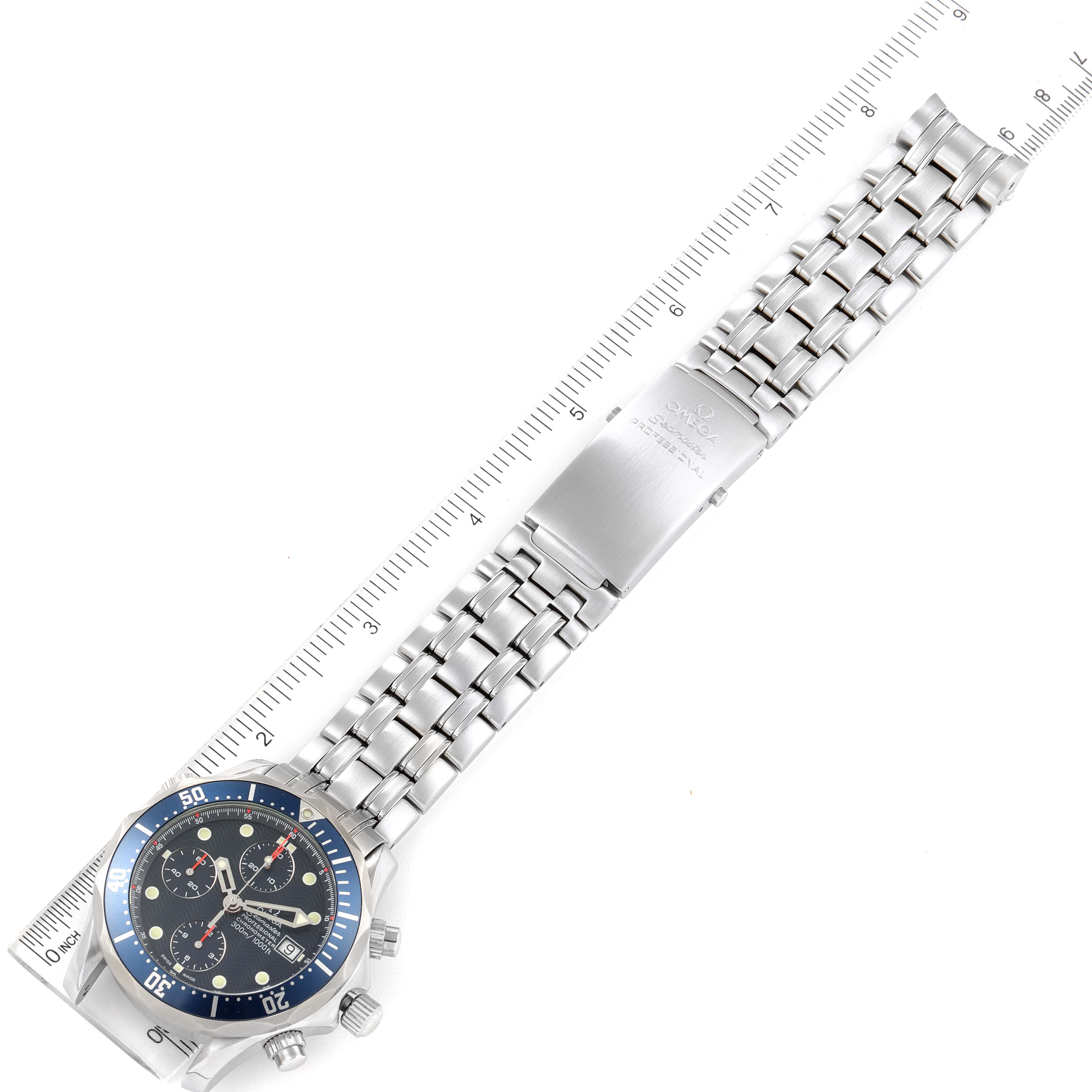 The image shows an Omega Seamaster 2599.80.00 Men's Stainless Steel Blue Dial 2599.80.00 Men's Stainless Steel Blue Dial watch laid flat, displaying its stainless-steel bracelet, clasp, and dial at an angled top-down view.