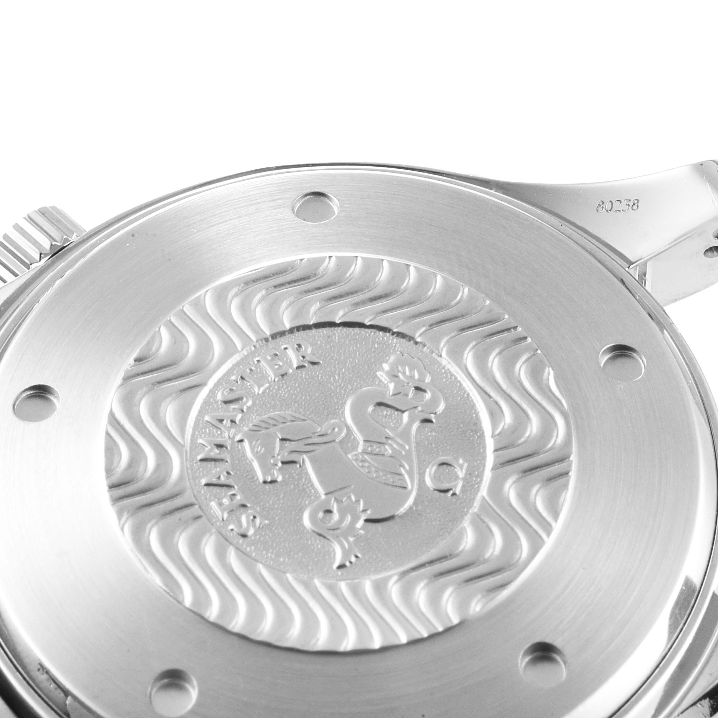 This image shows the case back of an Omega Seamaster 2599.80.00 Men's Stainless Steel Blue Dial 2599.80.00 Men's Stainless Steel Blue Dial watch at a close-up angle.