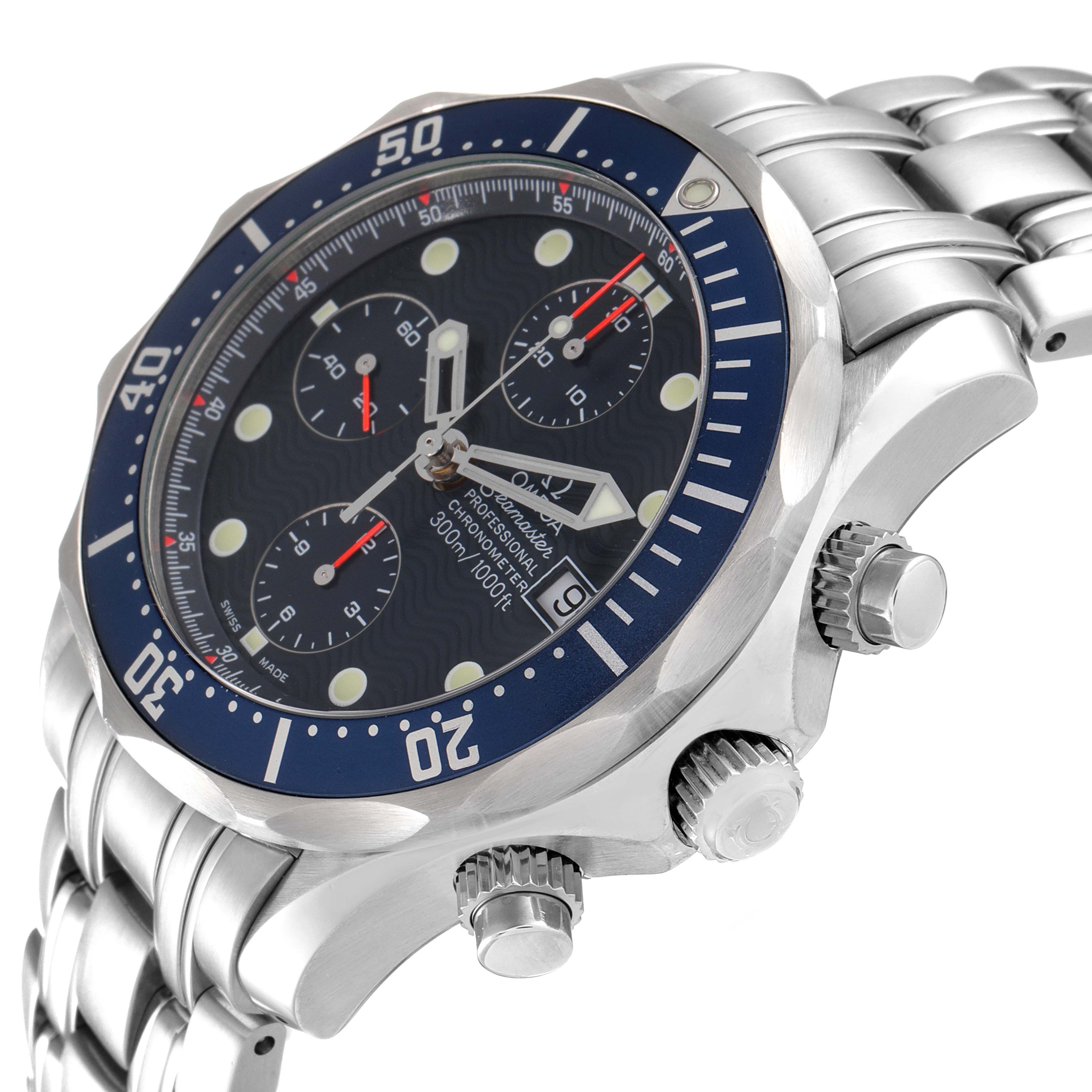This image shows an Omega Seamaster 2599.80.00 Men's Stainless Steel Blue Dial 2599.80.00 Men's Stainless Steel Blue Dial watch at an angle highlighting the dial, bezel, crown, and chronograph pushers.