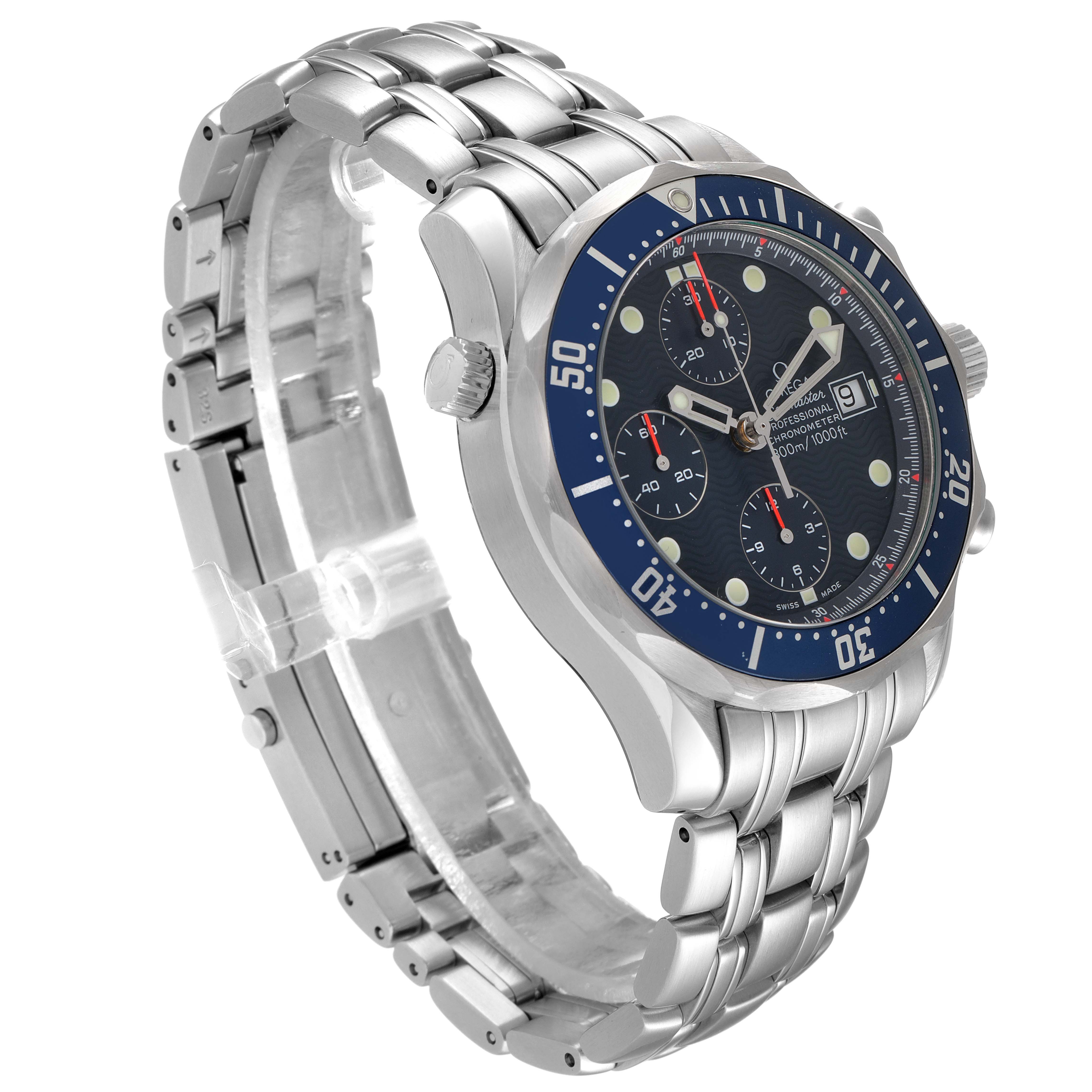 The image shows a side angle view of an Omega Seamaster 2599.80.00 Men's Stainless Steel Blue Dial 2599.80.00 Men's Stainless Steel Blue Dial watch, highlighting the face, bezel, and metal bracelet.