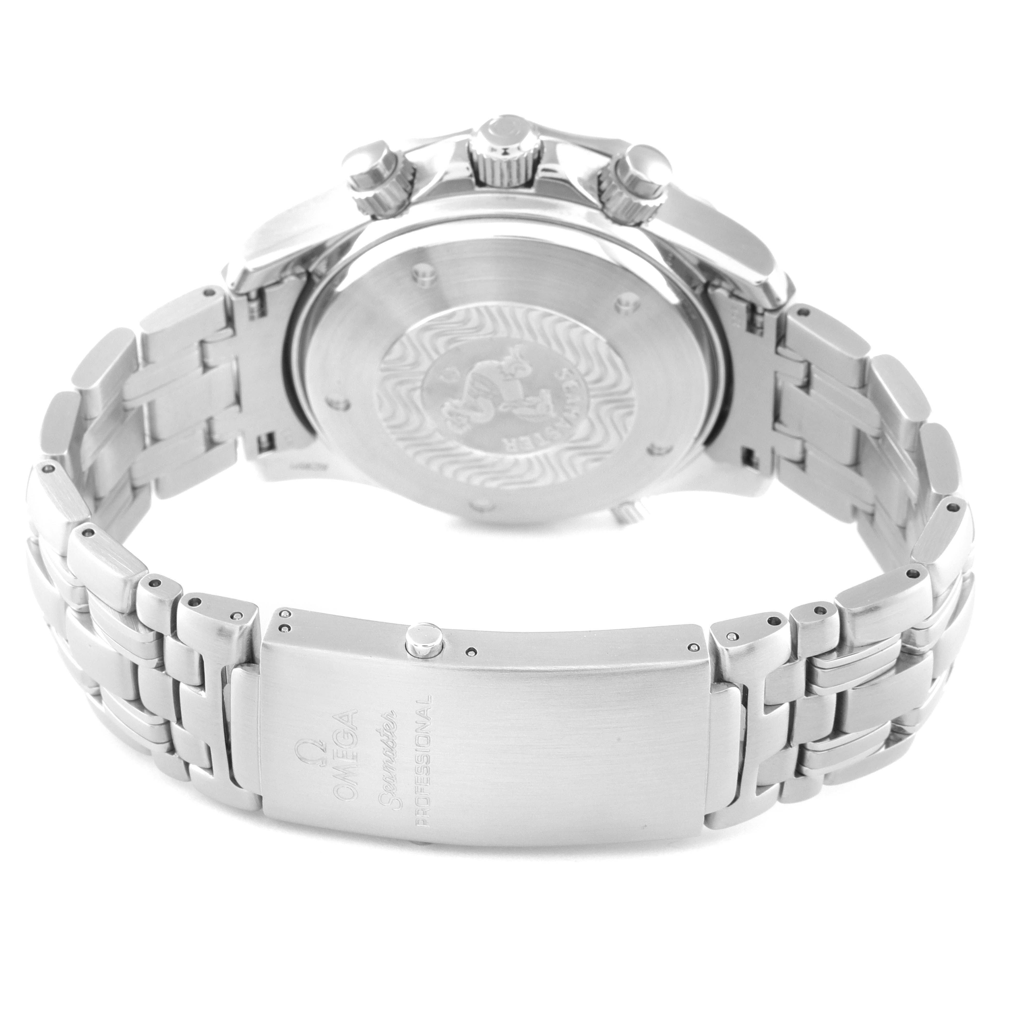 The image shows the back view of the Omega Seamaster 2599.80.00 Men's Stainless Steel Blue Dial 2599.80.00 Men's Stainless Steel Blue Dial watch, highlighting the case back, bracelet, and clasp with engravings.