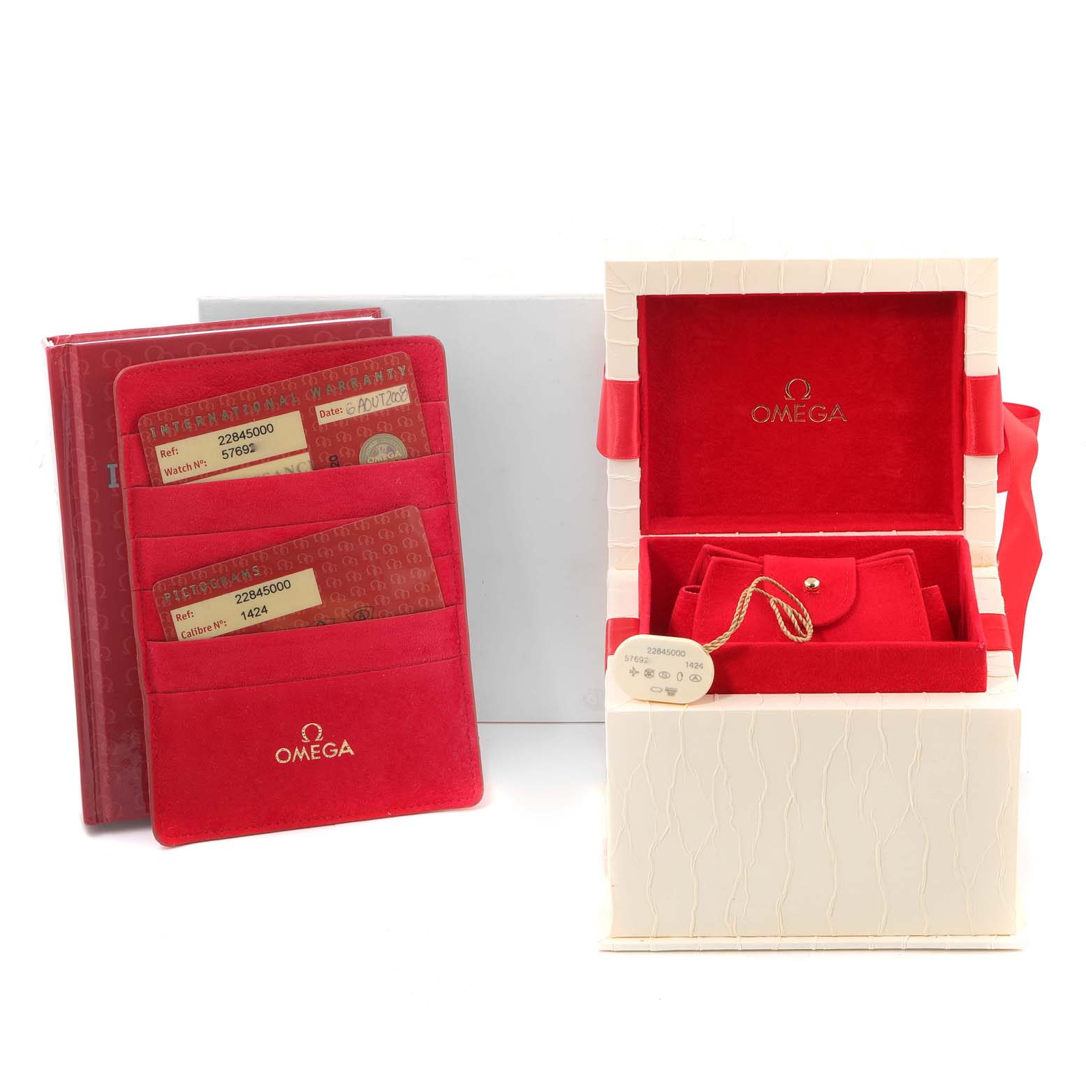 The image shows the packaging, warranty cards, and box for an Omega 2284.50.00 Women's Stainless Steel Black Dial 2284.50.00 Women's Stainless Steel Black Dial Seamaster Diver 300M 28mm Steel Ladies Watch, model 2284.50.00.