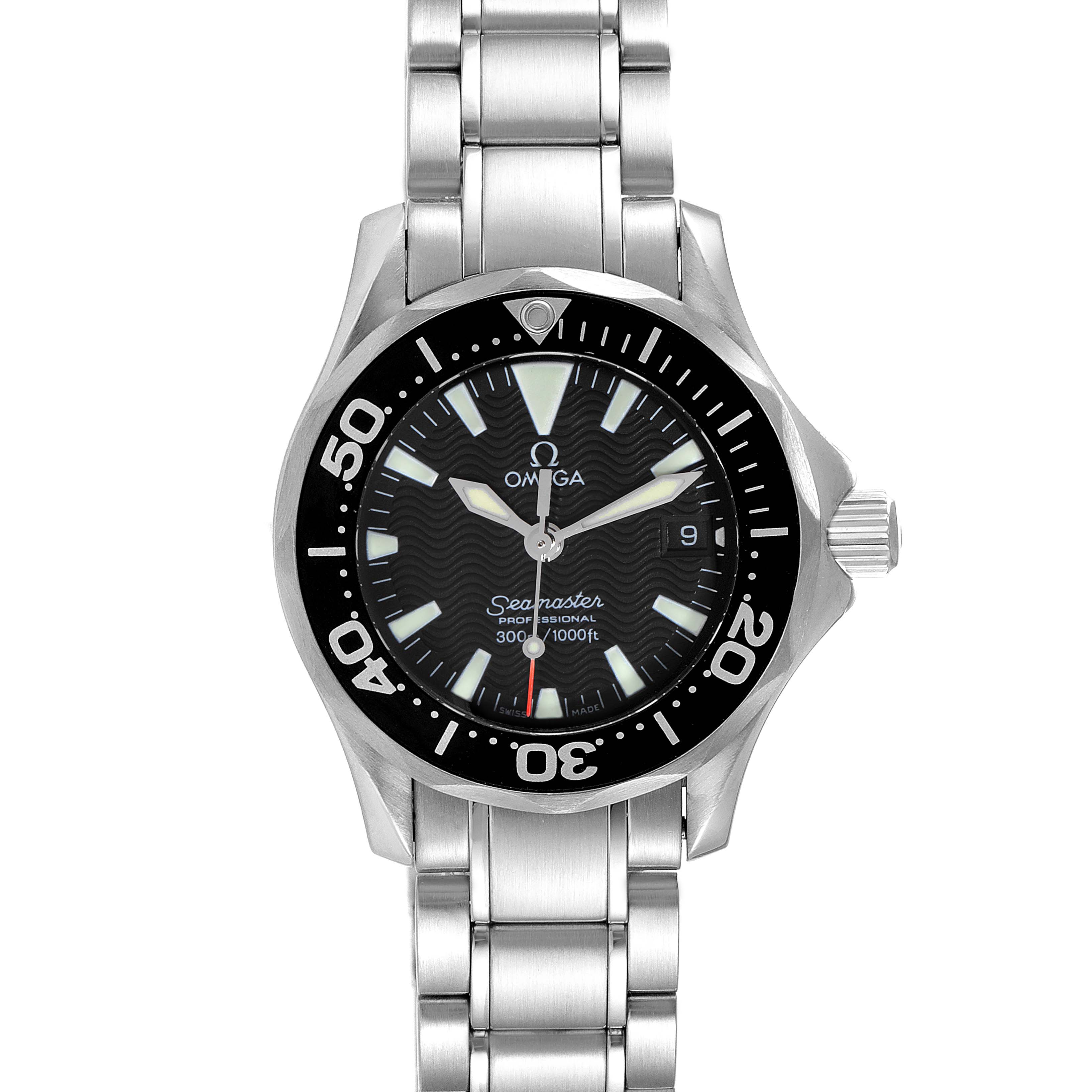 The image shows a front view of the Omega 2284.50.00 Women's Stainless Steel Black Dial 2284.50.00 Women's Stainless Steel Black Dial Seamaster Diver 300M 28mm Steel Ladies Watch 2284.50.00.