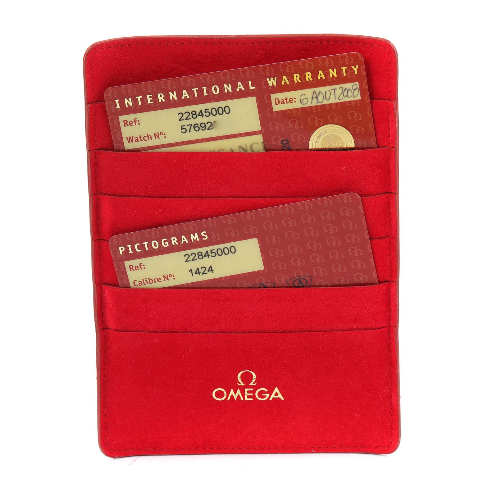 The image shows the international warranty and pictograms cards in a red Omega 2284.50.00 Women's Stainless Steel Black Dial 2284.50.00 Women's Stainless Steel Black Dial holder for the Omega 2284.50.00 Women's Stainless Steel Black Dial 2284.50.00 Women's Stainless Steel Black Dial Seamaster Diver 300M 28mm Steel Ladies Watch 2284.50.00.