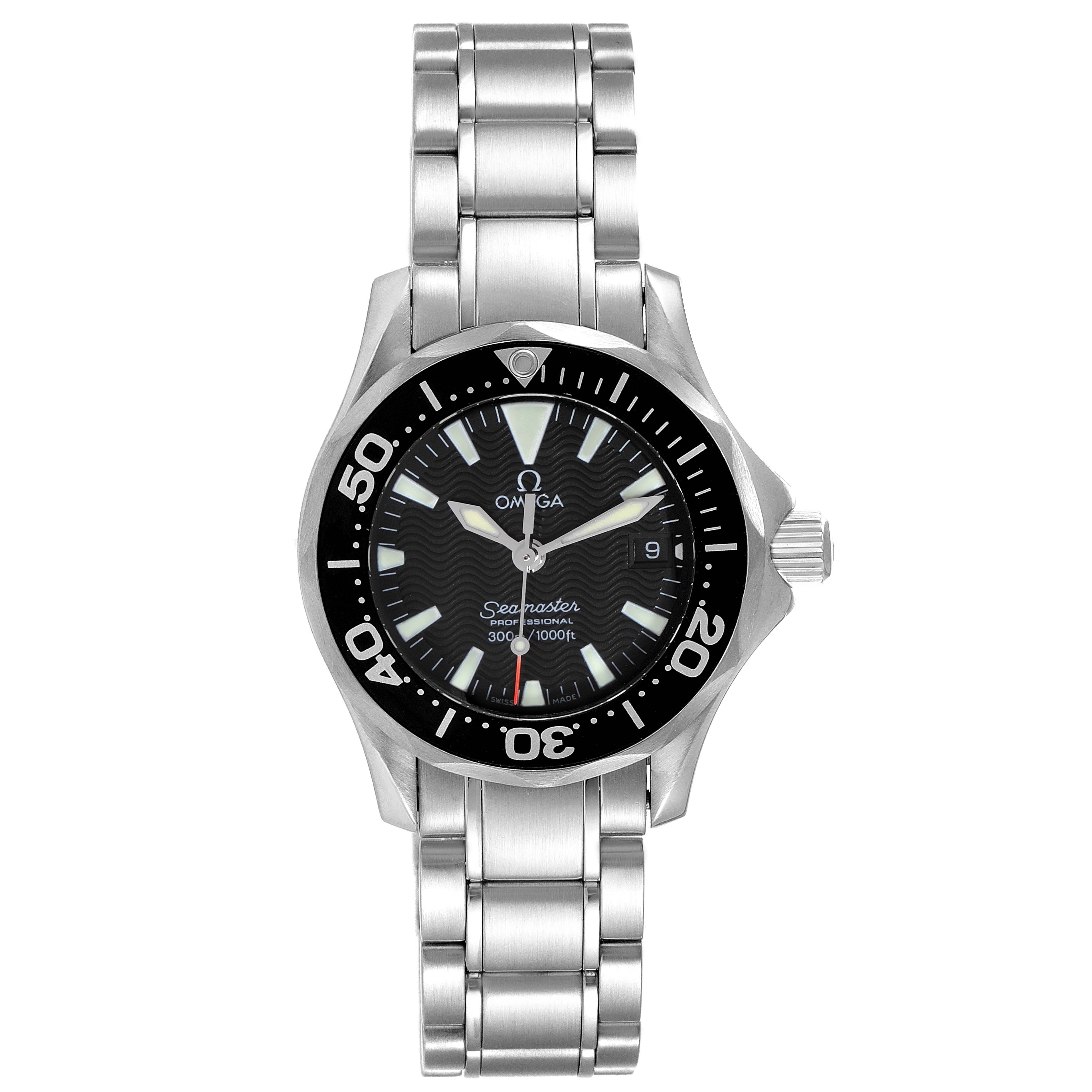 The image shows a frontal view of the Omega 2284.50.00 Women's Stainless Steel Black Dial 2284.50.00 Women's Stainless Steel Black Dial Seamaster Diver 300M 28mm Steel Ladies Watch 2284.50.00, highlighting the face, bezel, and bracelet.