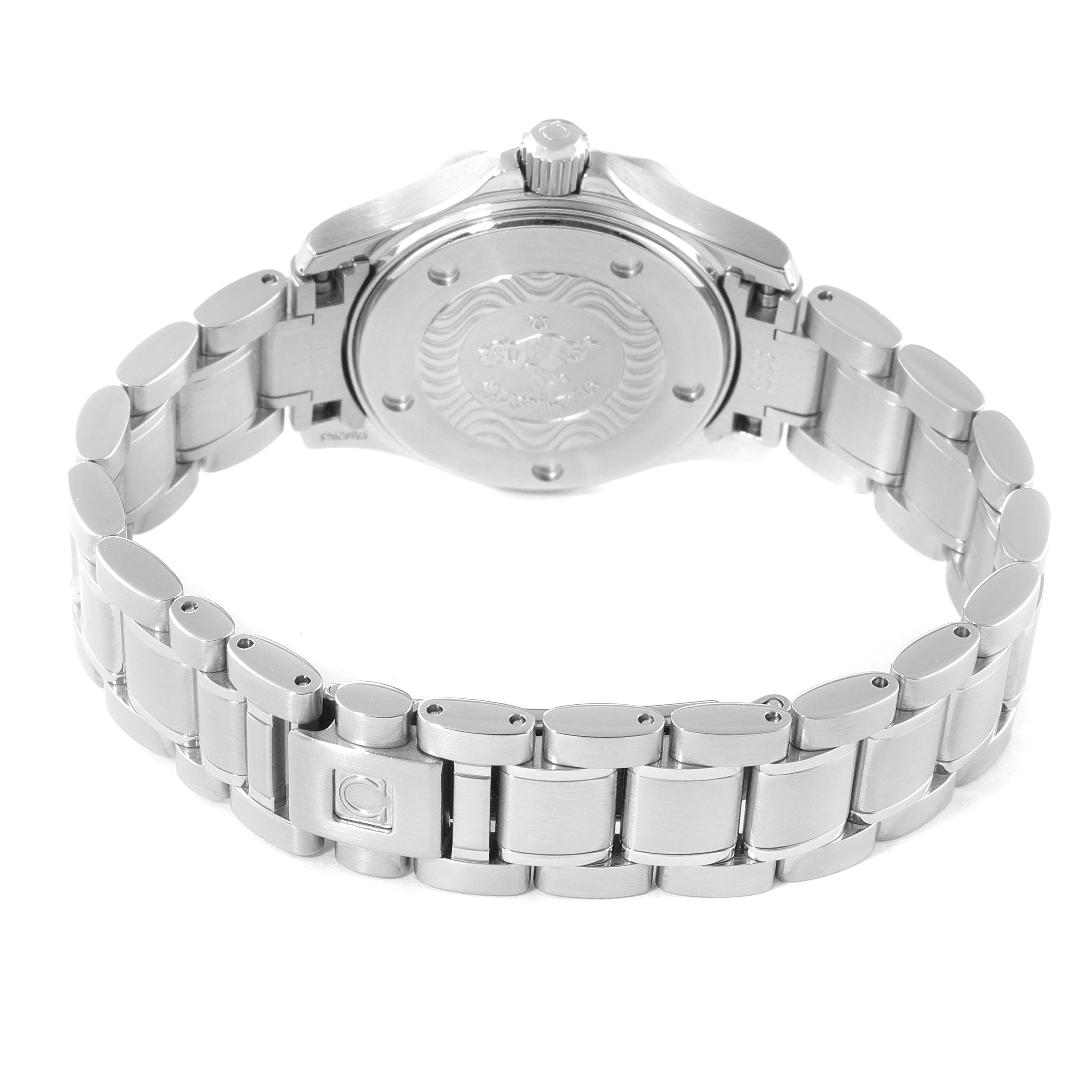 The image displays the back and bracelet of the Omega 2284.50.00 Women's Stainless Steel Black Dial 2284.50.00 Women's Stainless Steel Black Dial Seamaster Diver 300M 28mm Steel Ladies Watch 2284.50.00.