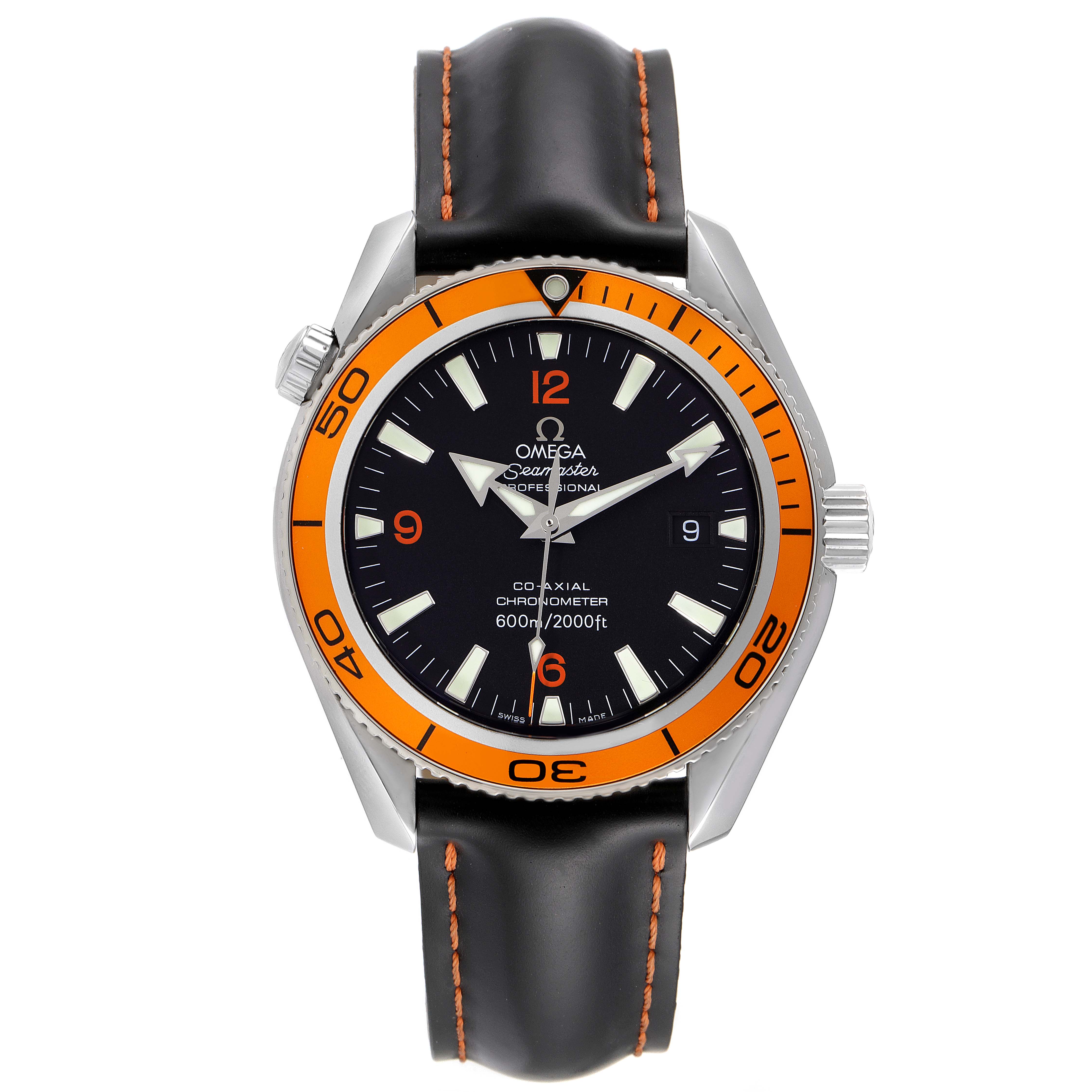 The image shows a front view of the Omega Planet Ocean 2209.50.00 Men's Stainless Steel Black Dial 2209.50.00 Men's Stainless Steel Black Dial model, highlighting the face, bezel, crown, and leather strap.