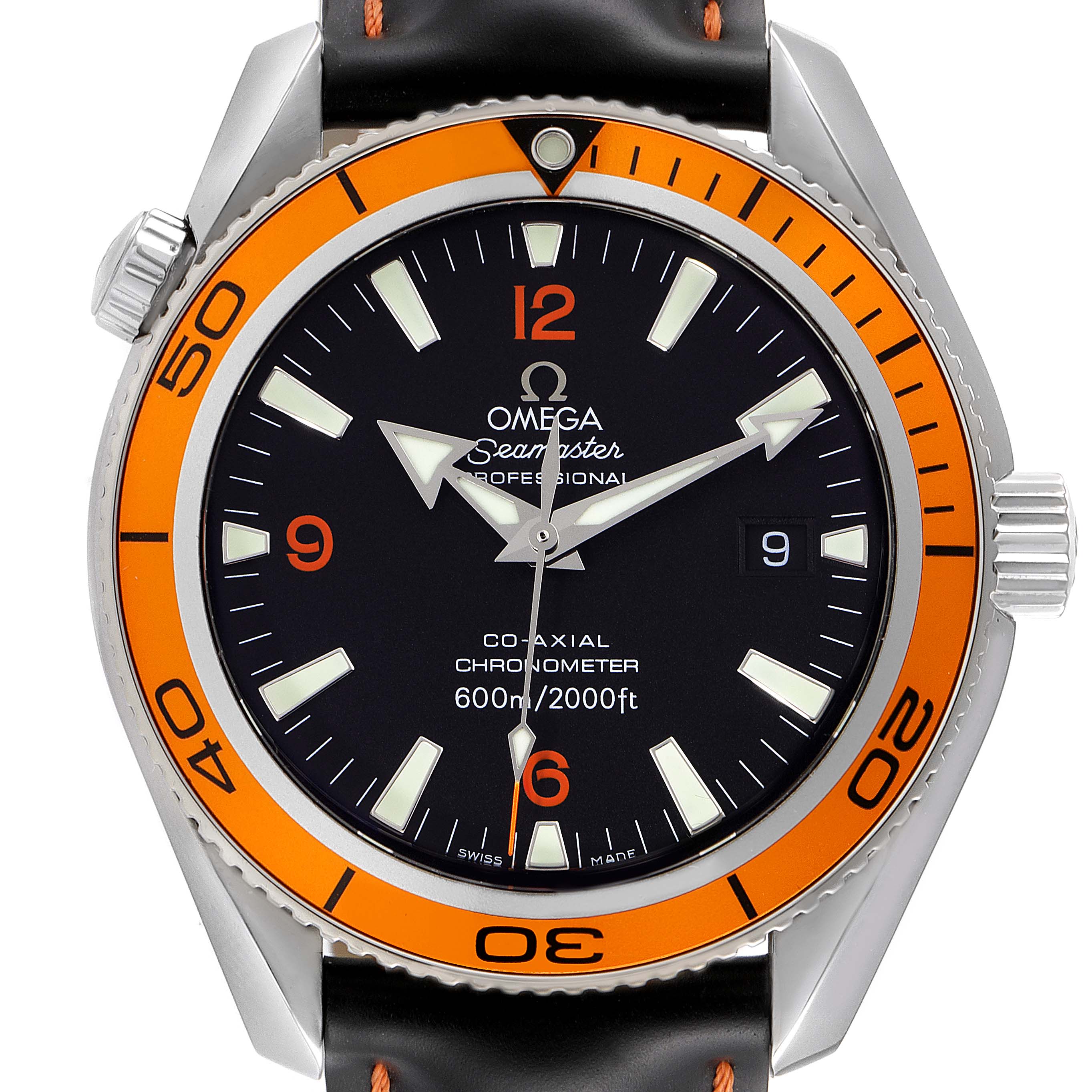 The image shows the front view of the Omega Planet Ocean 2209.50.00 Men's Stainless Steel Black Dial 2209.50.00 Men's Stainless Steel Black Dial Seamaster watch, displaying its dial, bezel, and crown.