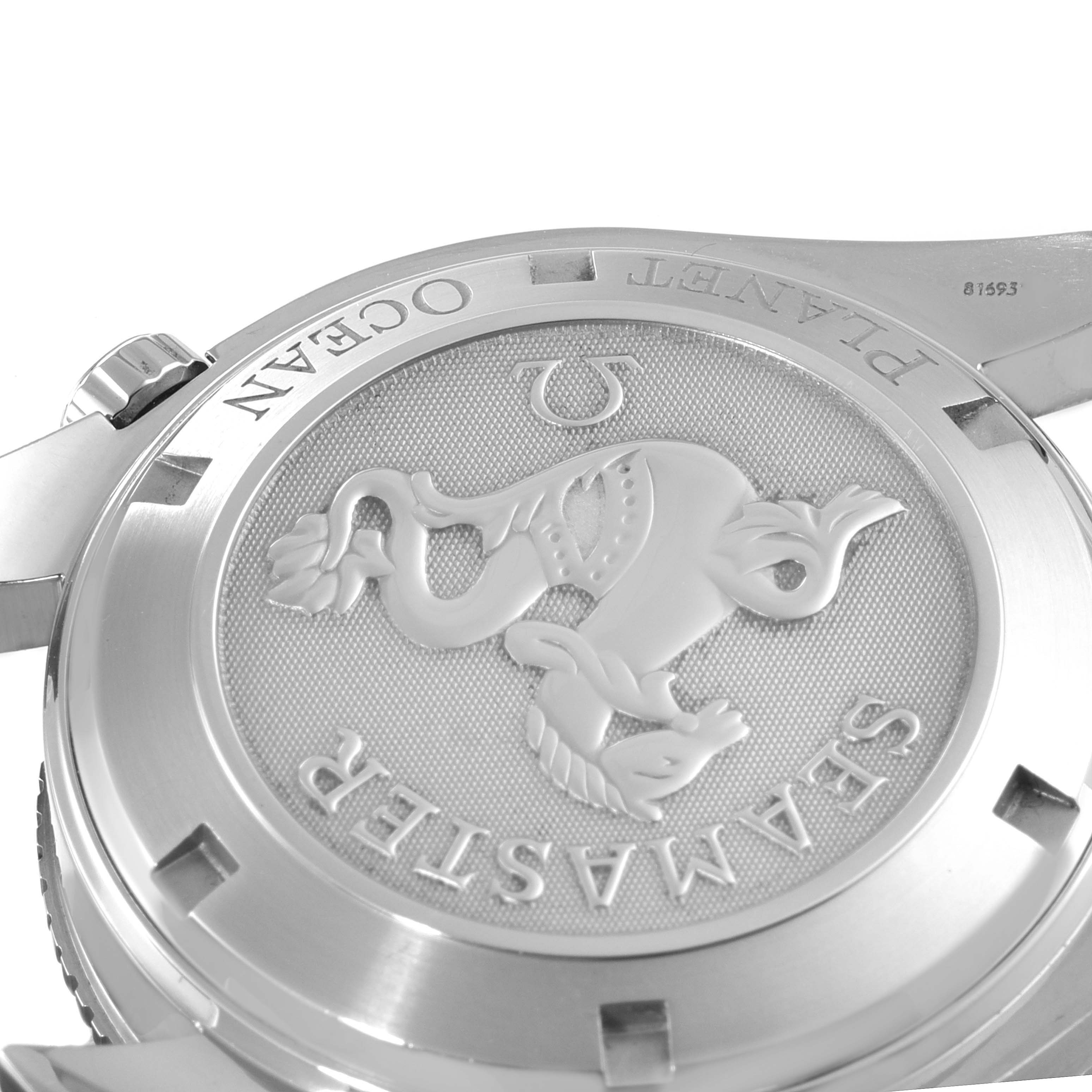 This image shows the case back of an Omega Planet Ocean 2209.50.00 Men's Stainless Steel Black Dial 2209.50.00 Men's Stainless Steel Black Dial watch, highlighting the engraved "Seamaster" logo.