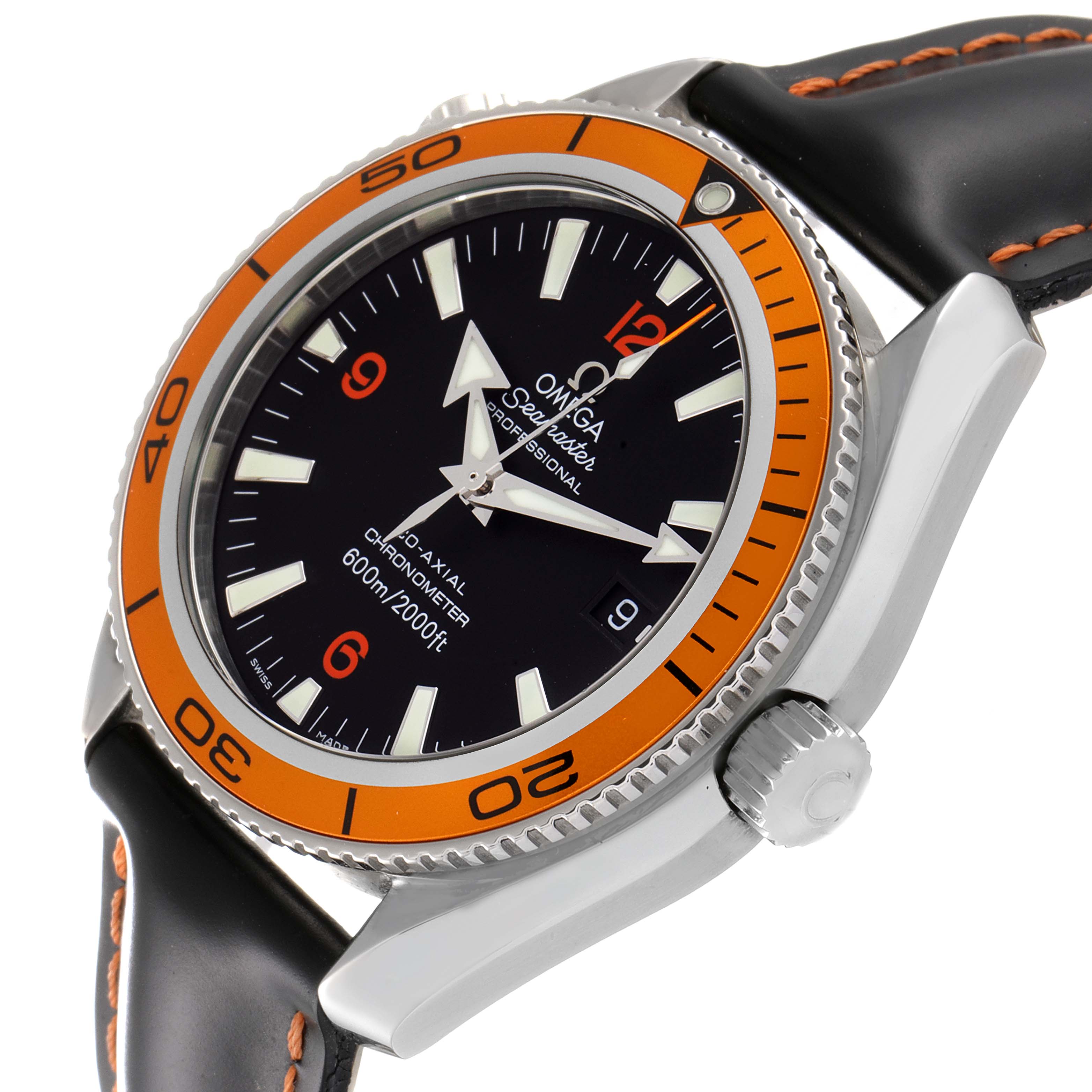 This image shows a close-up view of the face and bezel of an Omega Planet Ocean 2209.50.00 Men's Stainless Steel Black Dial 2209.50.00 Men's Stainless Steel Black Dial watch, highlighting its dial, hands, and crown.