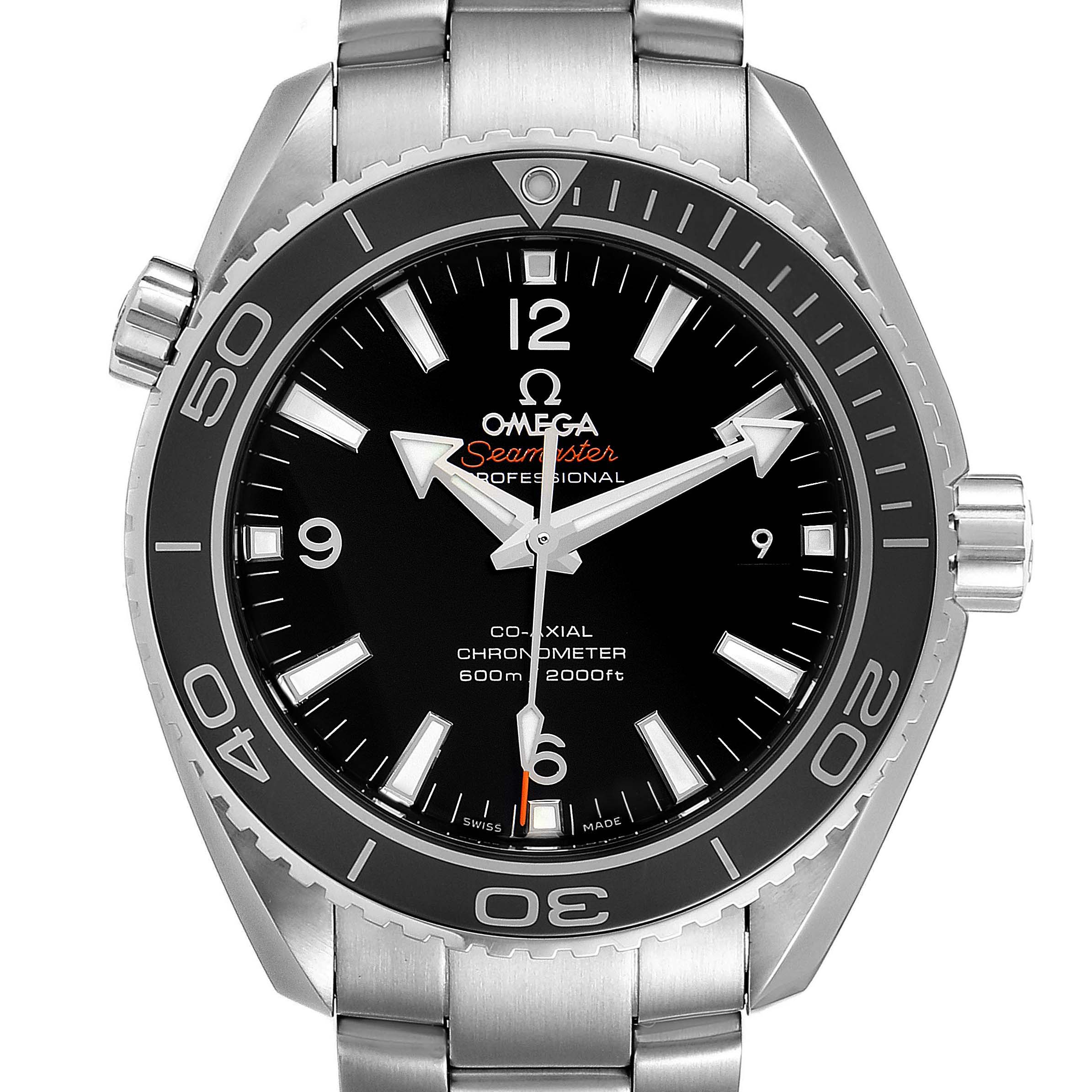 The image shows a front view of the Omega Seamaster Planet Ocean watch, highlighting its dial, bezel, and stainless steel bracelet.