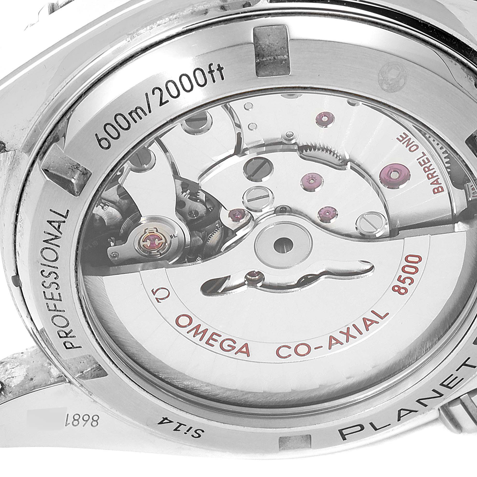 This image shows the case back of the Omega Planet Ocean 232.30.42.21.01.003 Men
s Stainless Steel Black Dial 232.30.42.21.01.003 Men
s Stainless Steel Black Dial watch, revealing its internal movement and engravings.