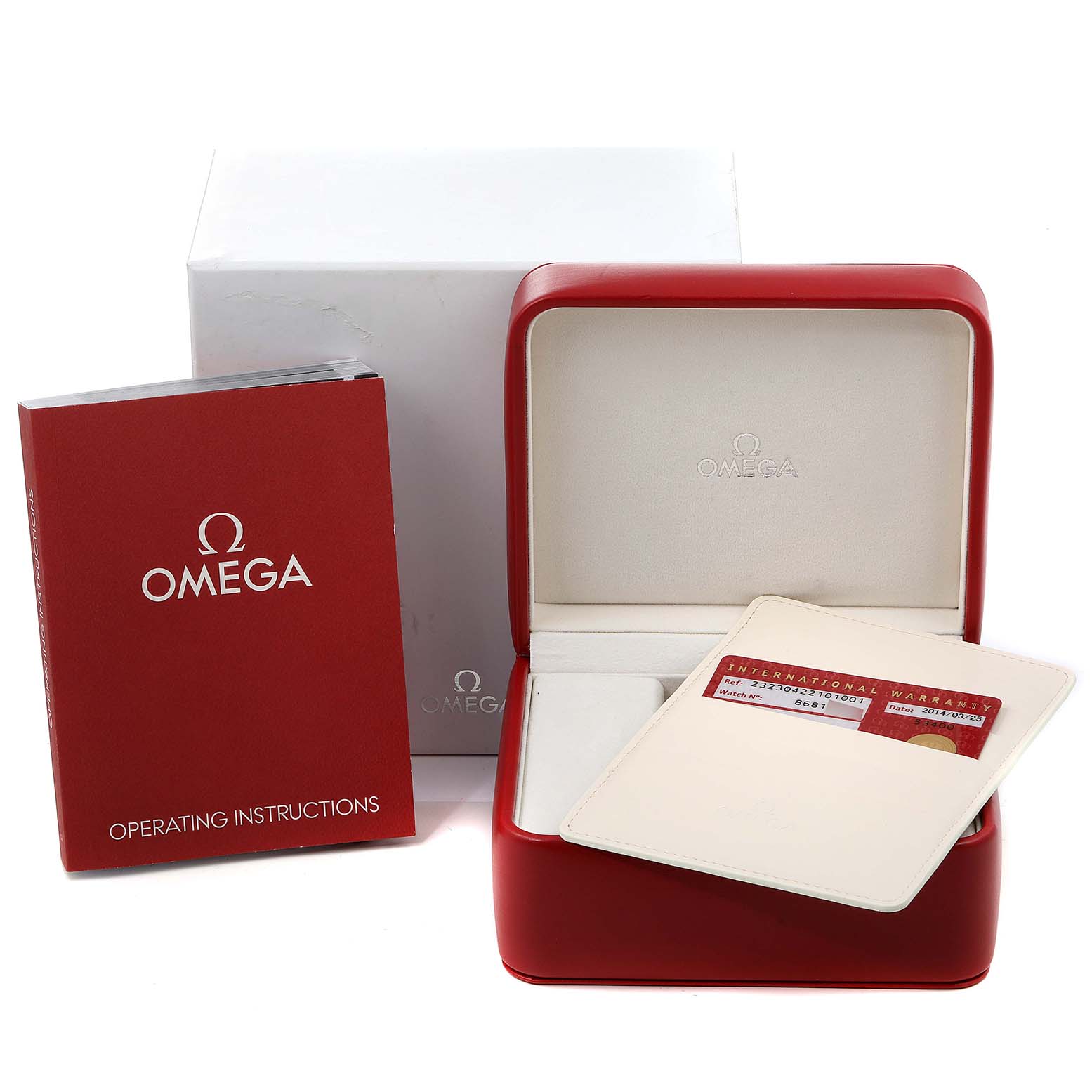 The image shows the packaging, warranty card, and instruction manual for the Omega Planet Ocean 232.30.42.21.01.003 Men
s Stainless Steel Black Dial 232.30.42.21.01.003 Men
s Stainless Steel Black Dial watch.