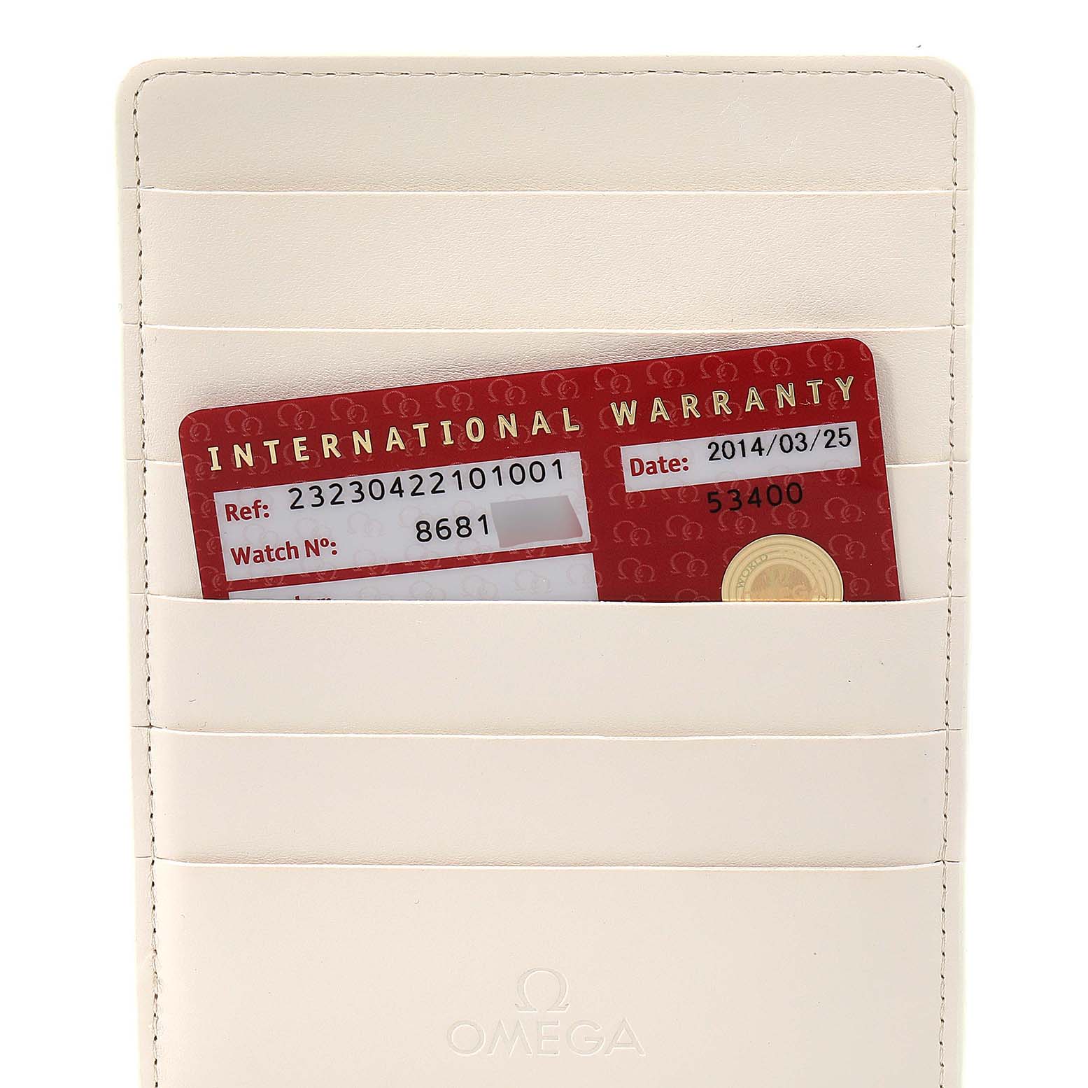 The image shows the international warranty card for the Omega Planet Ocean 232.30.42.21.01.003 Men
s Stainless Steel Black Dial 232.30.42.21.01.003 Men
s Stainless Steel Black Dial model, placed in a white cardholder.