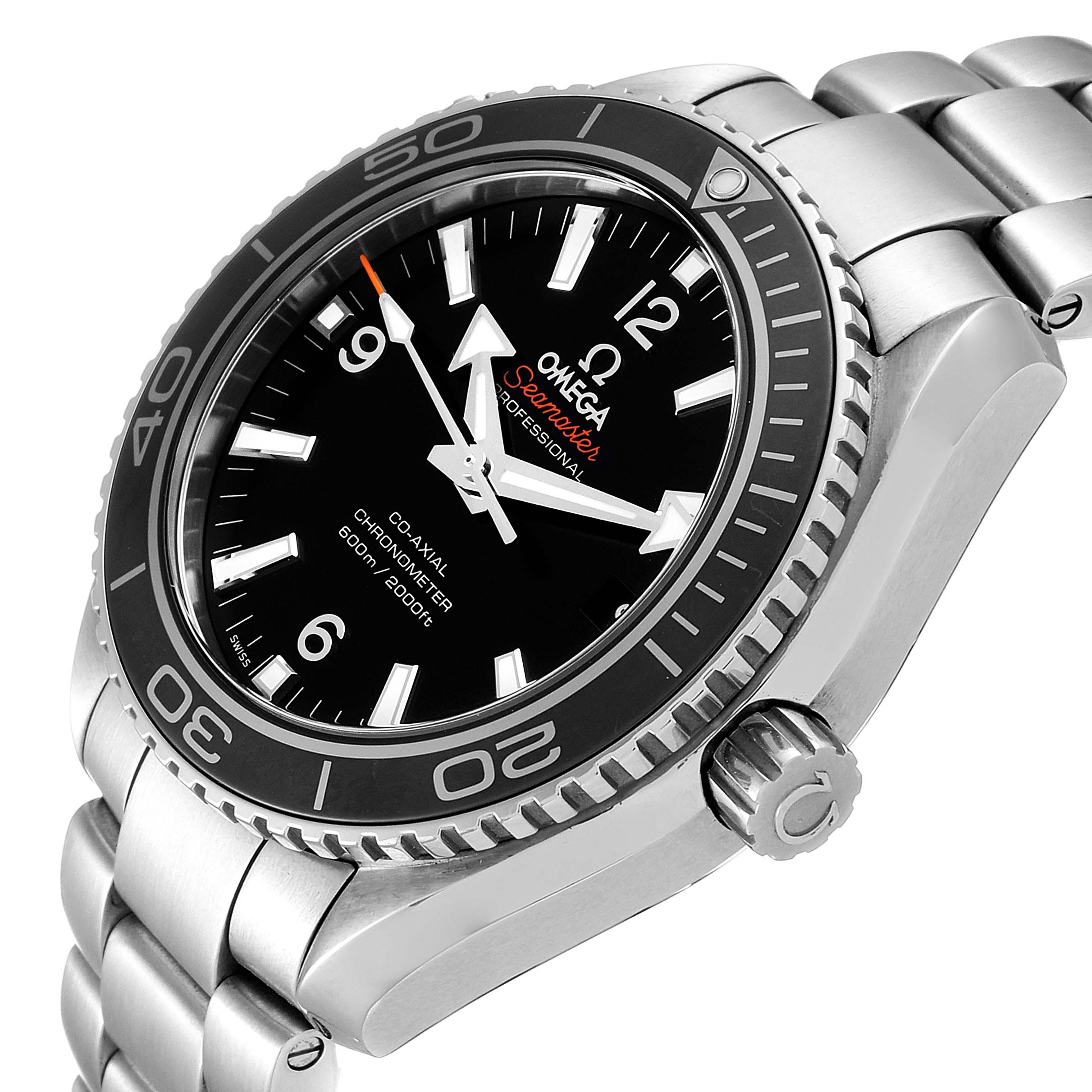 The image shows a close-up angle of the Omega Planet Ocean 232.30.42.21.01.003 Men
s Stainless Steel Black Dial 232.30.42.21.01.003 Men
s Stainless Steel Black Dial watch, highlighting its dial, bezel, crown, and part of the bracelet.