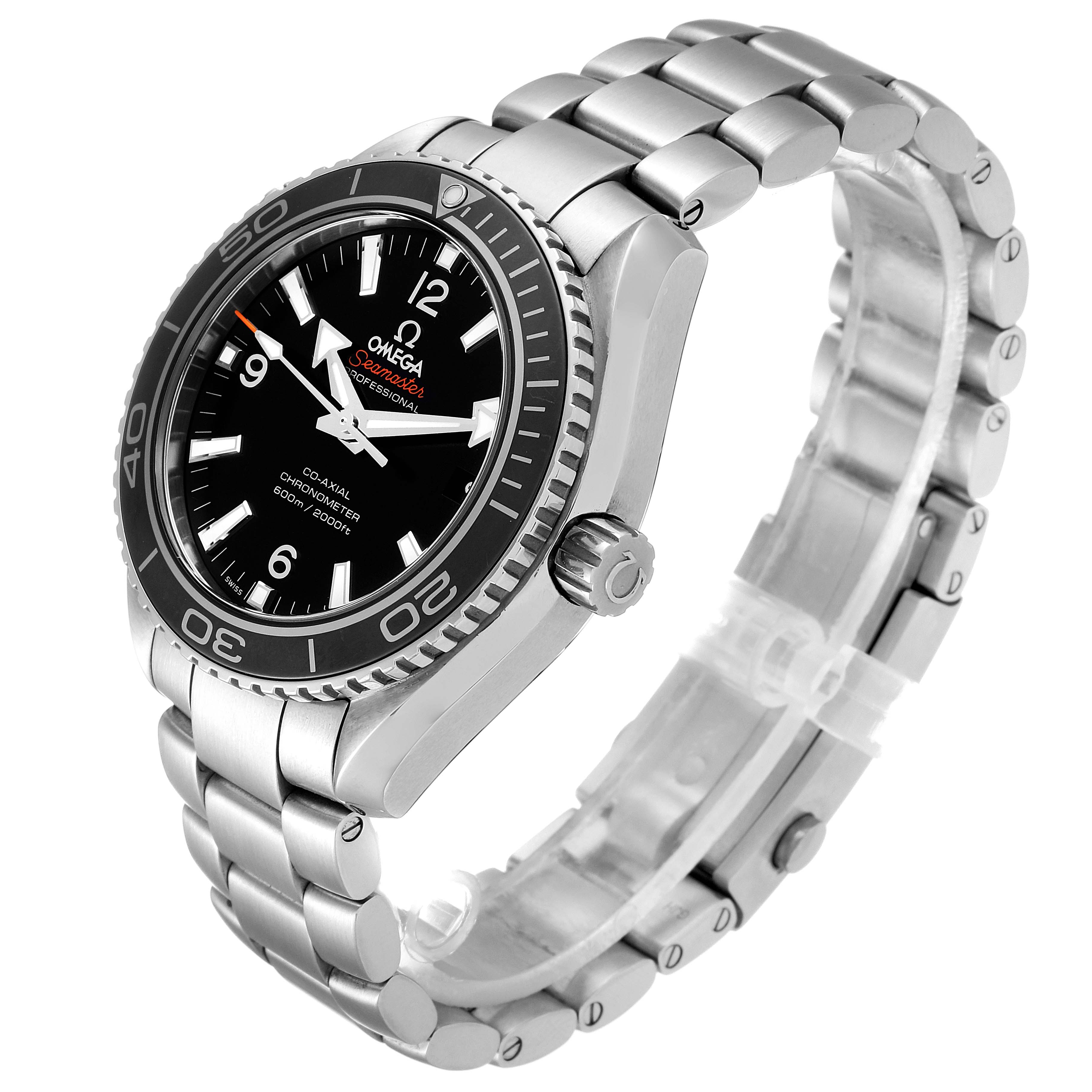 The image shows a side-angle view of the Omega Planet Ocean 232.30.42.21.01.003 Men
s Stainless Steel Black Dial 232.30.42.21.01.003 Men
s Stainless Steel Black Dial watch, highlighting its face, bezel, crown, and metal bracelet.