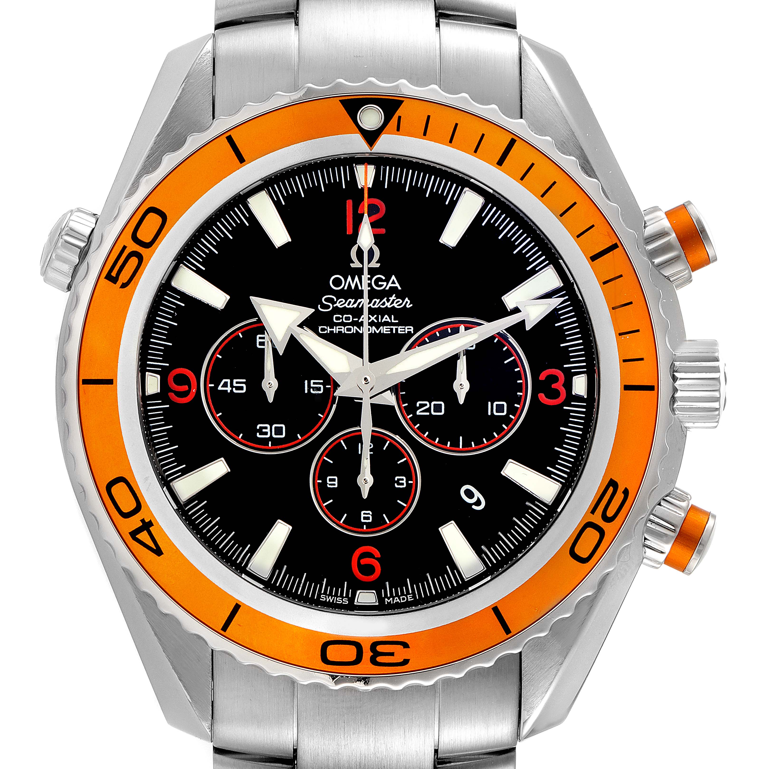The Omega Planet Ocean 2218.50.00 Men
s Stainless Steel Black Dial 2218.50.00 Men
s Stainless Steel Black Dial watch is shown from the front, highlighting its orange bezel and chronograph subdials.