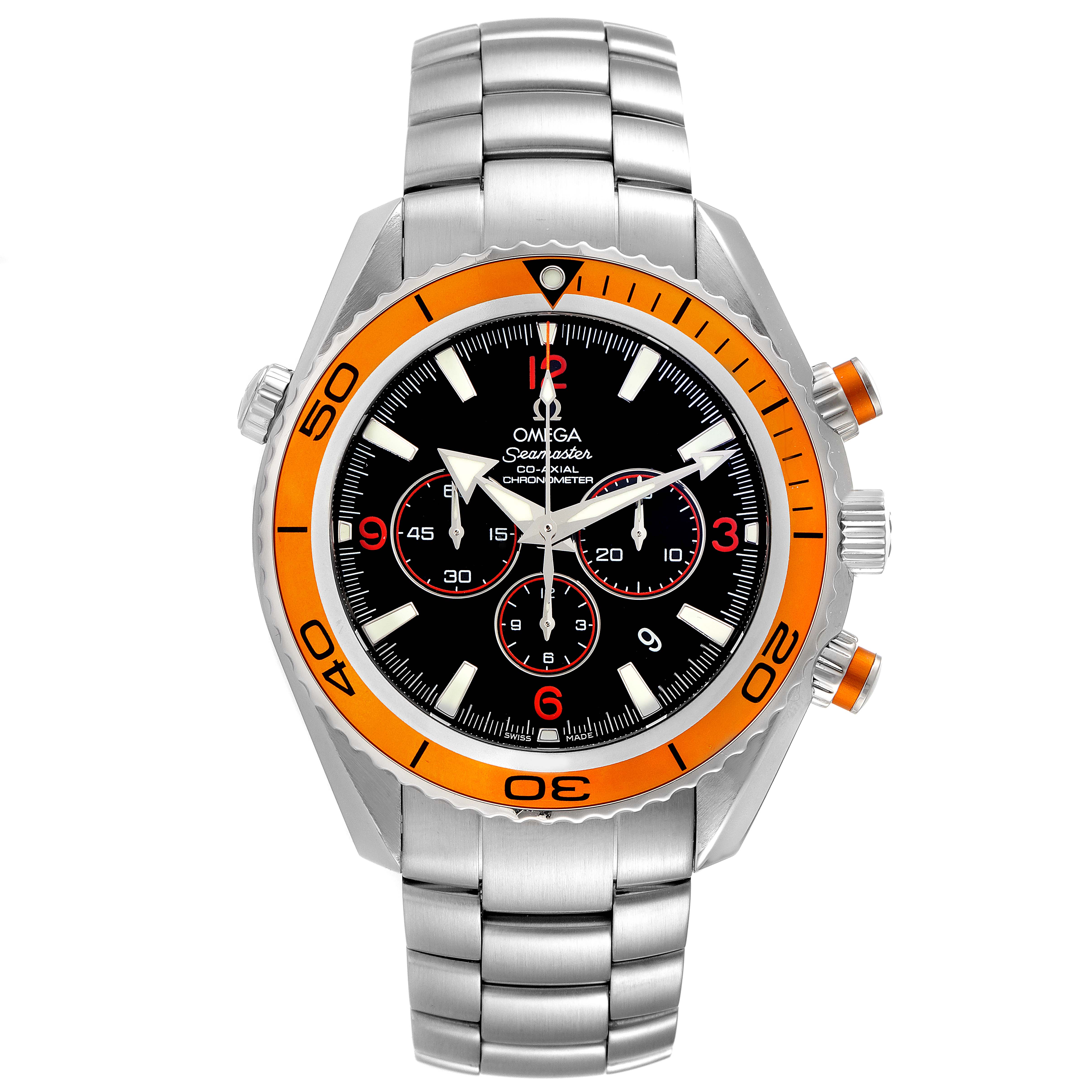 The Omega Planet Ocean 2218.50.00 Men
s Stainless Steel Black Dial 2218.50.00 Men
s Stainless Steel Black Dial watch is shown in a full frontal view with stainless steel bracelet and orange bezel.