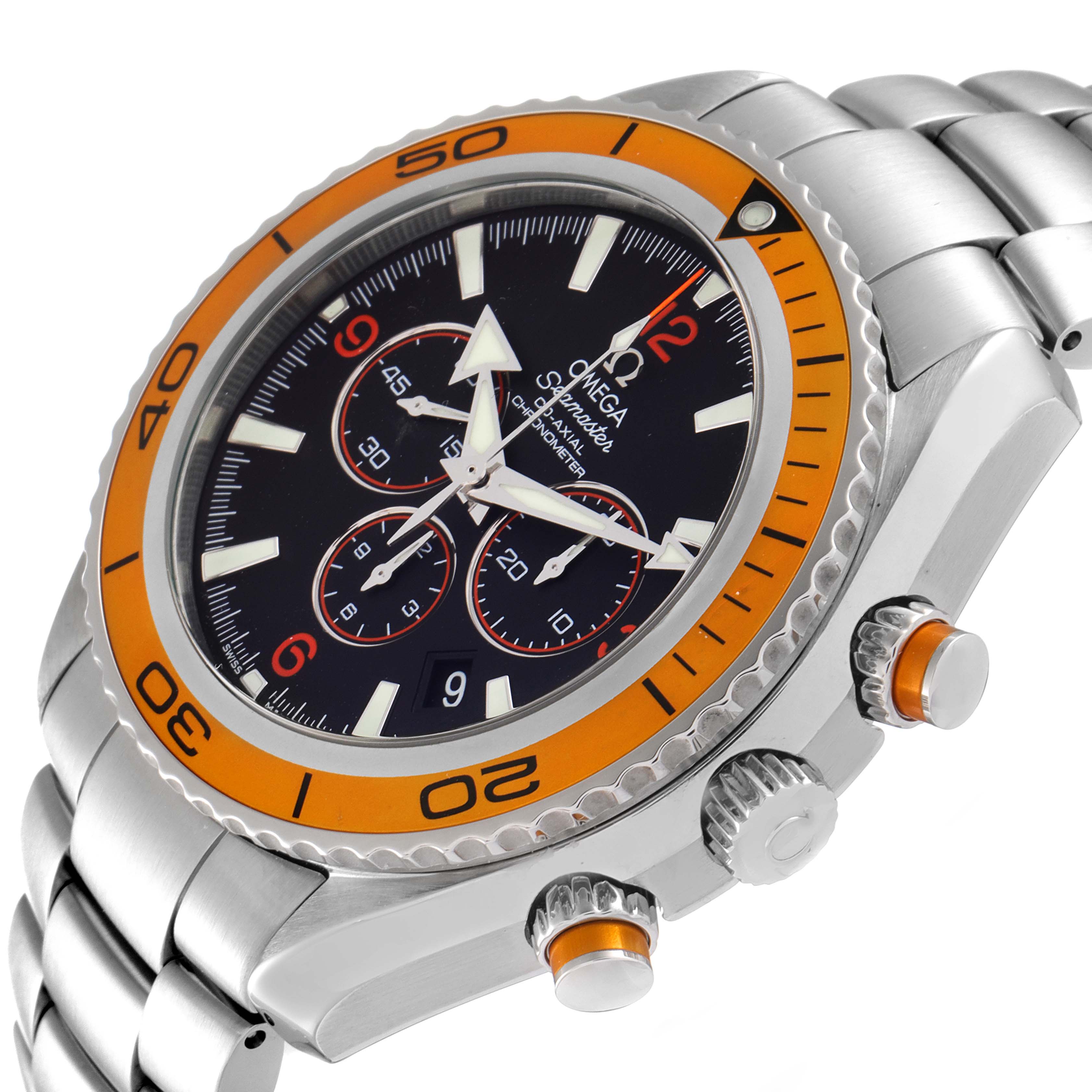 This image shows a side-angle view of an Omega Planet Ocean 2218.50.00 Men
s Stainless Steel Black Dial 2218.50.00 Men
s Stainless Steel Black Dial watch, highlighting its bezel, crown, pushers, and bracelet.