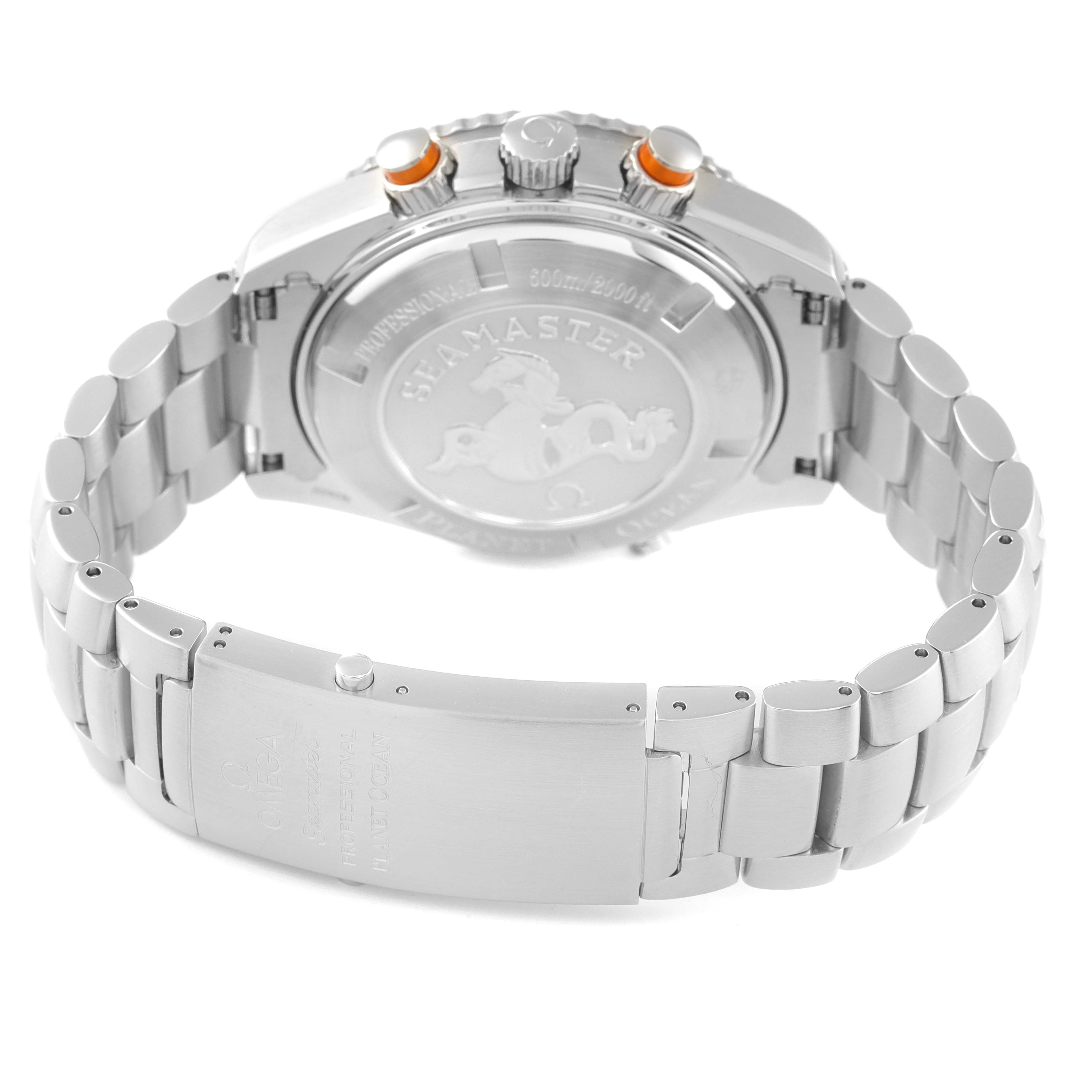 The image shows the back case and bracelet of the Omega Planet Ocean 2218.50.00 Men
s Stainless Steel Black Dial 2218.50.00 Men
s Stainless Steel Black Dial watch from a rear angle.