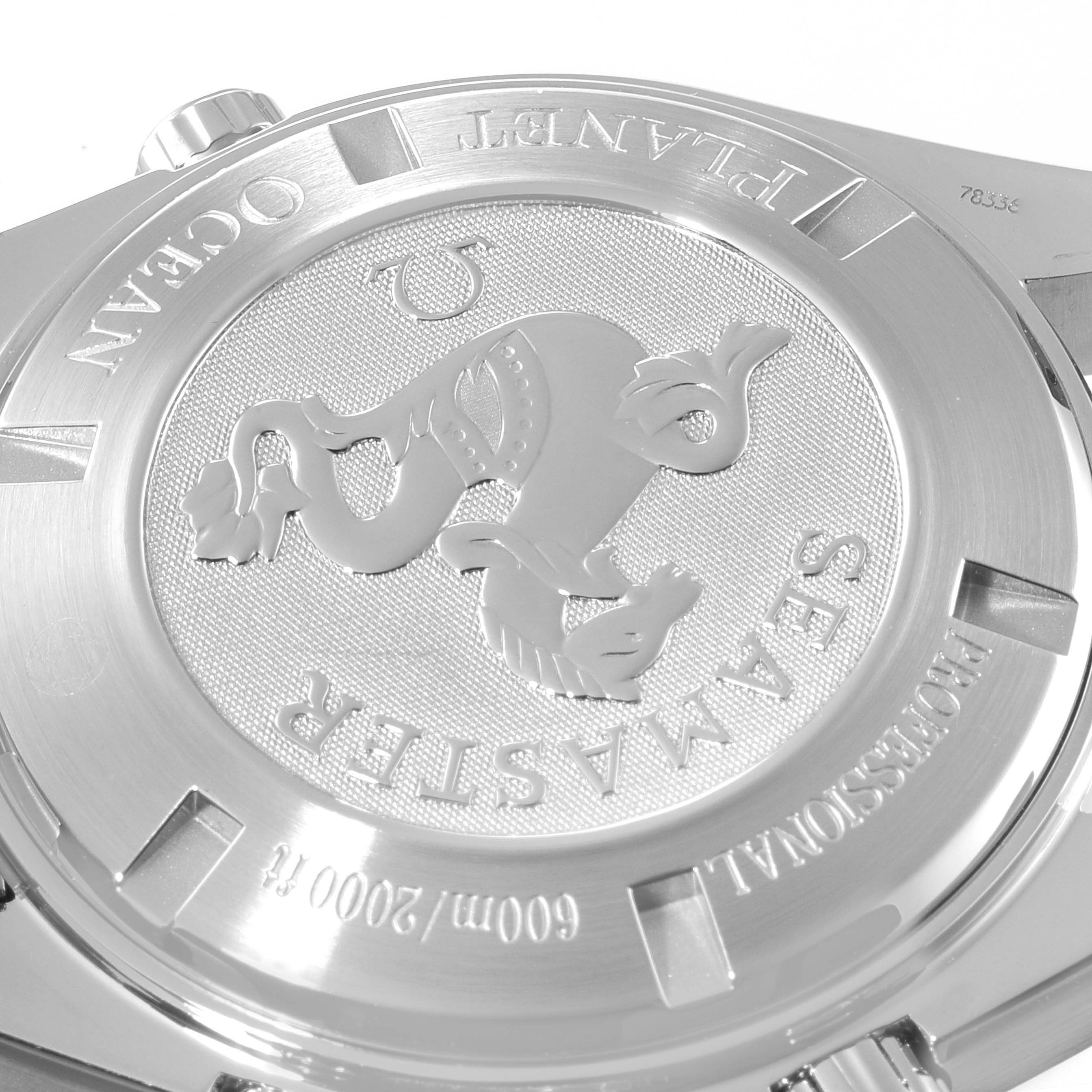 This is the back case of an Omega Planet Ocean 2218.50.00 Men
s Stainless Steel Black Dial 2218.50.00 Men
s Stainless Steel Black Dial watch, showing the Seamaster engraving and logo.