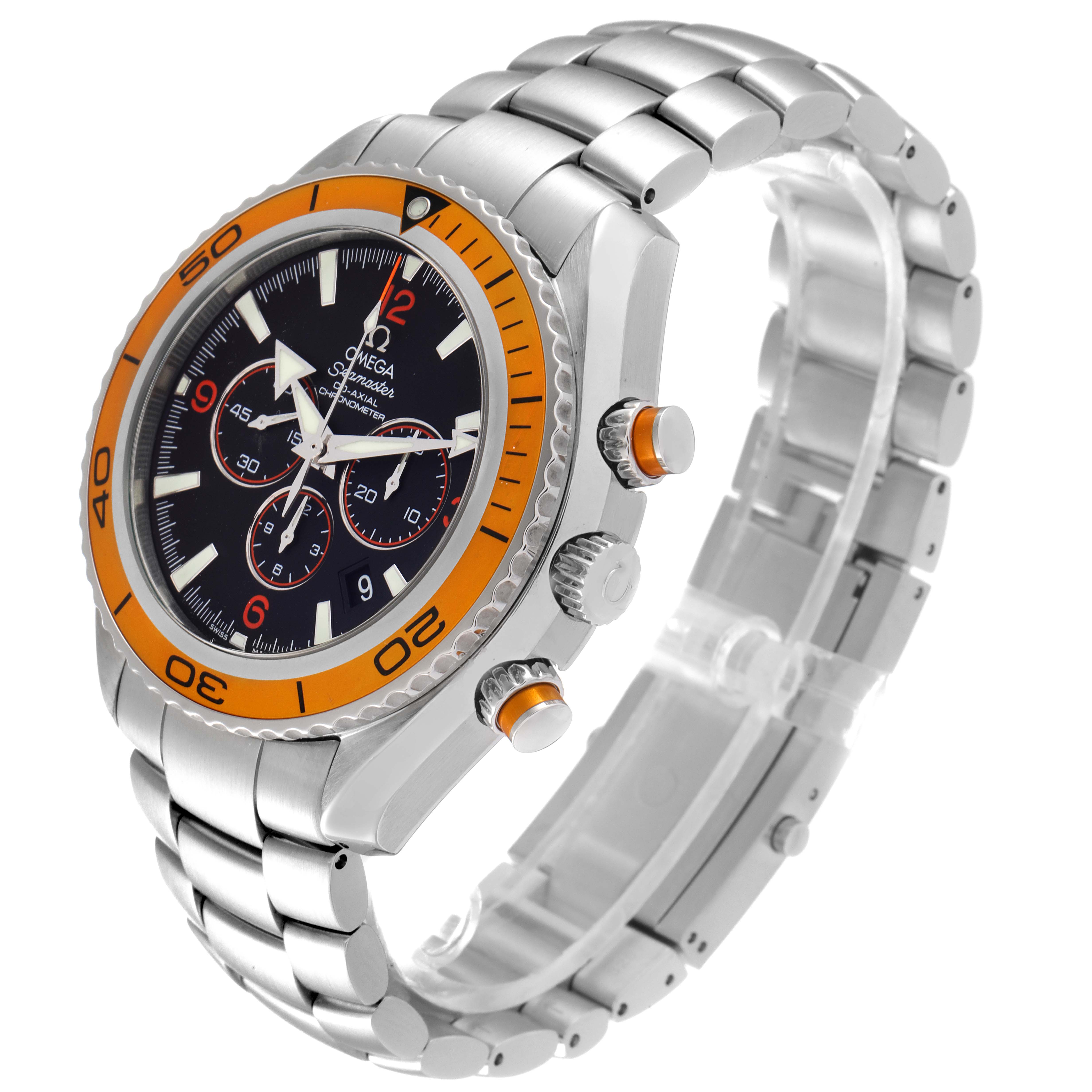 This angle shows the face, bezel, and bracelet of the Omega Planet Ocean 2218.50.00 Men
s Stainless Steel Black Dial 2218.50.00 Men
s Stainless Steel Black Dial watch.