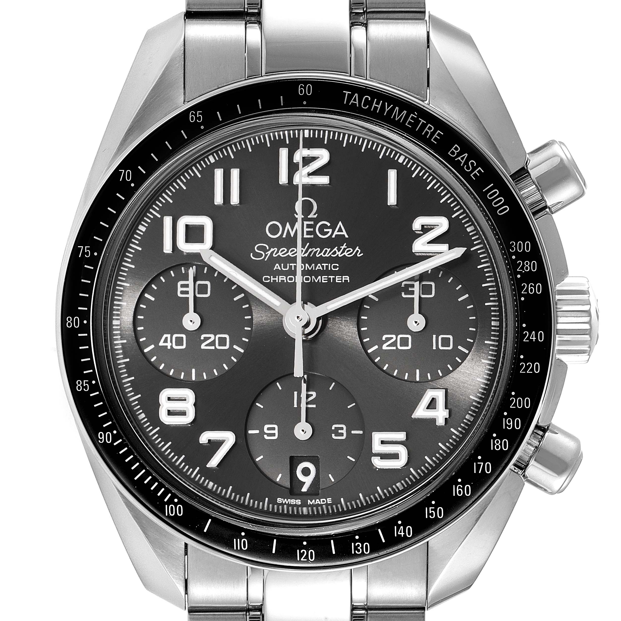 The image shows a front view of an Omega Speedmaster 324.30.38.40.06.001 Men's Stainless Steel Grey Dial 324.30.38.40.06.001 Men's Stainless Steel Grey Dial watch, highlighting the dial, tachymeter bezel, and chronograph sub-dials.