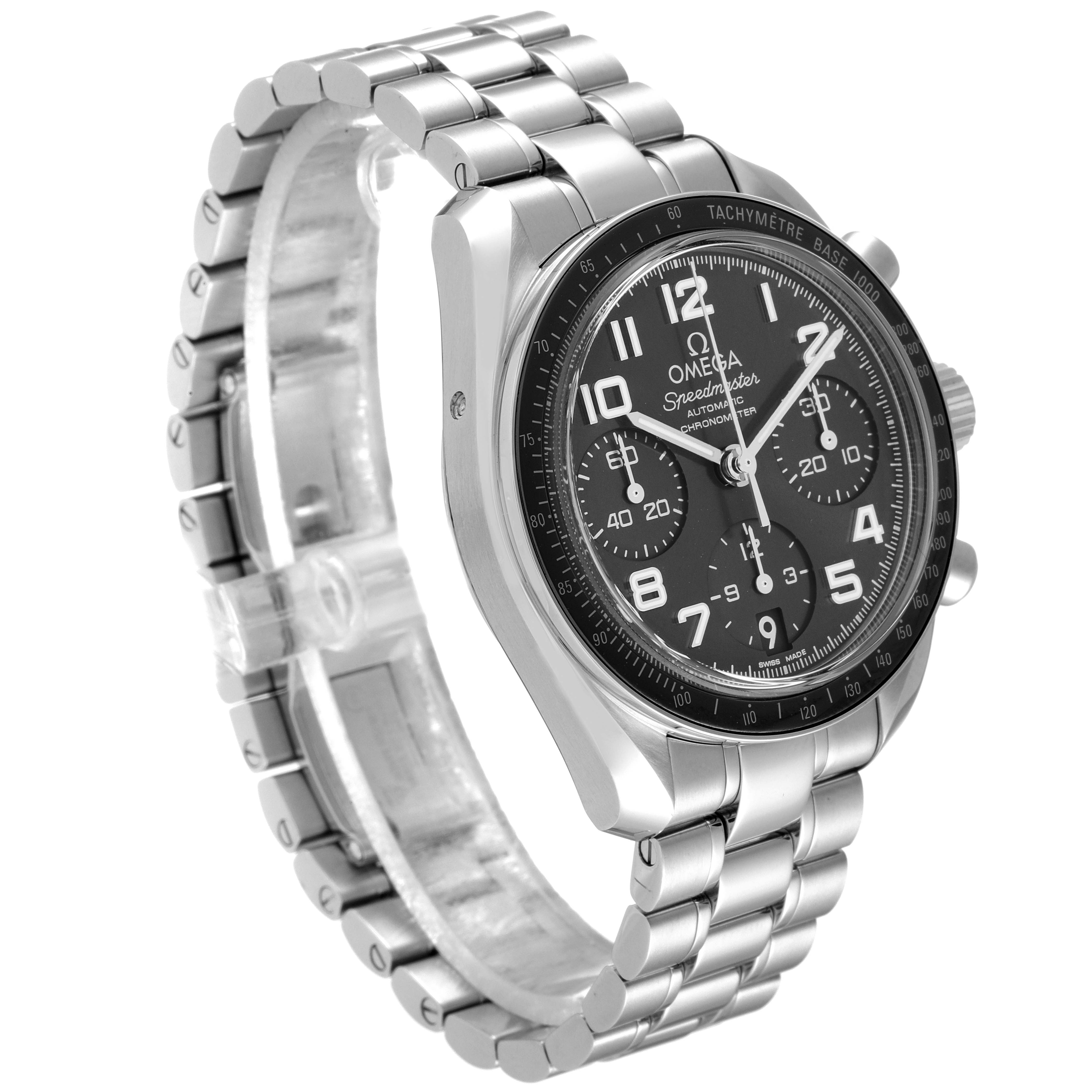 The Omega Speedmaster 324.30.38.40.06.001 Men's Stainless Steel Grey Dial 324.30.38.40.06.001 Men's Stainless Steel Grey Dial watch is shown at a slight angle, highlighting its dial, bracelet, and tachymeter bezel.