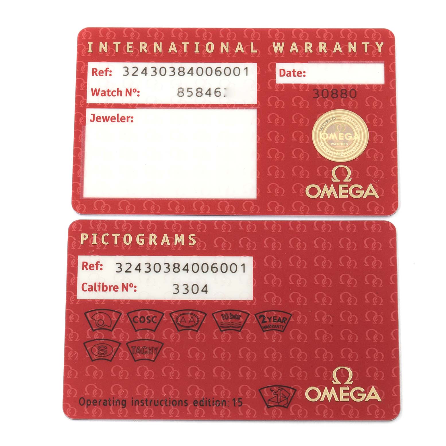The image shows the international warranty and pictograms cards for an Omega Speedmaster 324.30.38.40.06.001 Men's Stainless Steel Grey Dial 324.30.38.40.06.001 Men's Stainless Steel Grey Dial watch.
