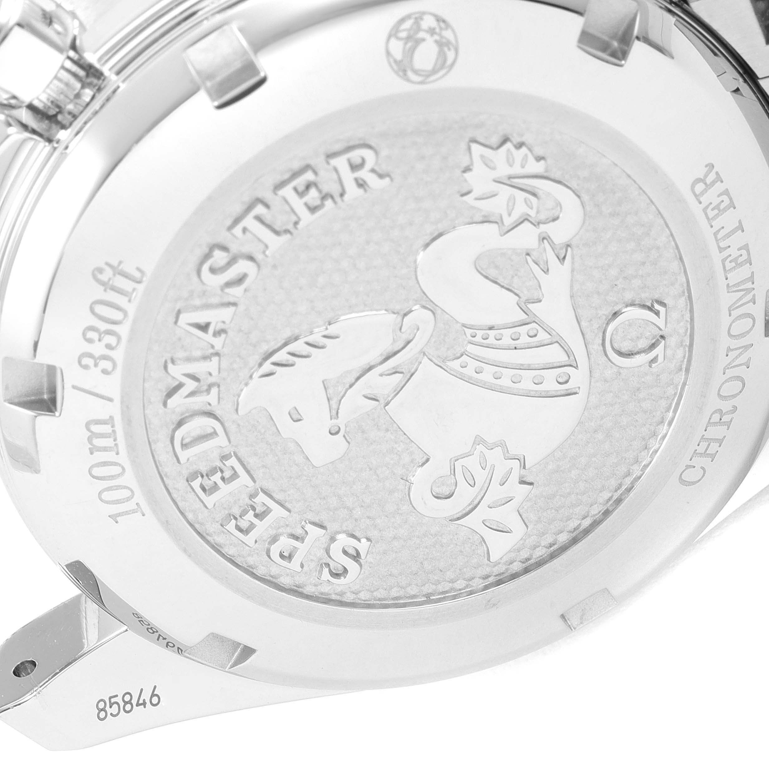 The image shows the case back of an Omega Speedmaster 324.30.38.40.06.001 Men's Stainless Steel Grey Dial 324.30.38.40.06.001 Men's Stainless Steel Grey Dial watch, featuring its engraved emblem and specifications.