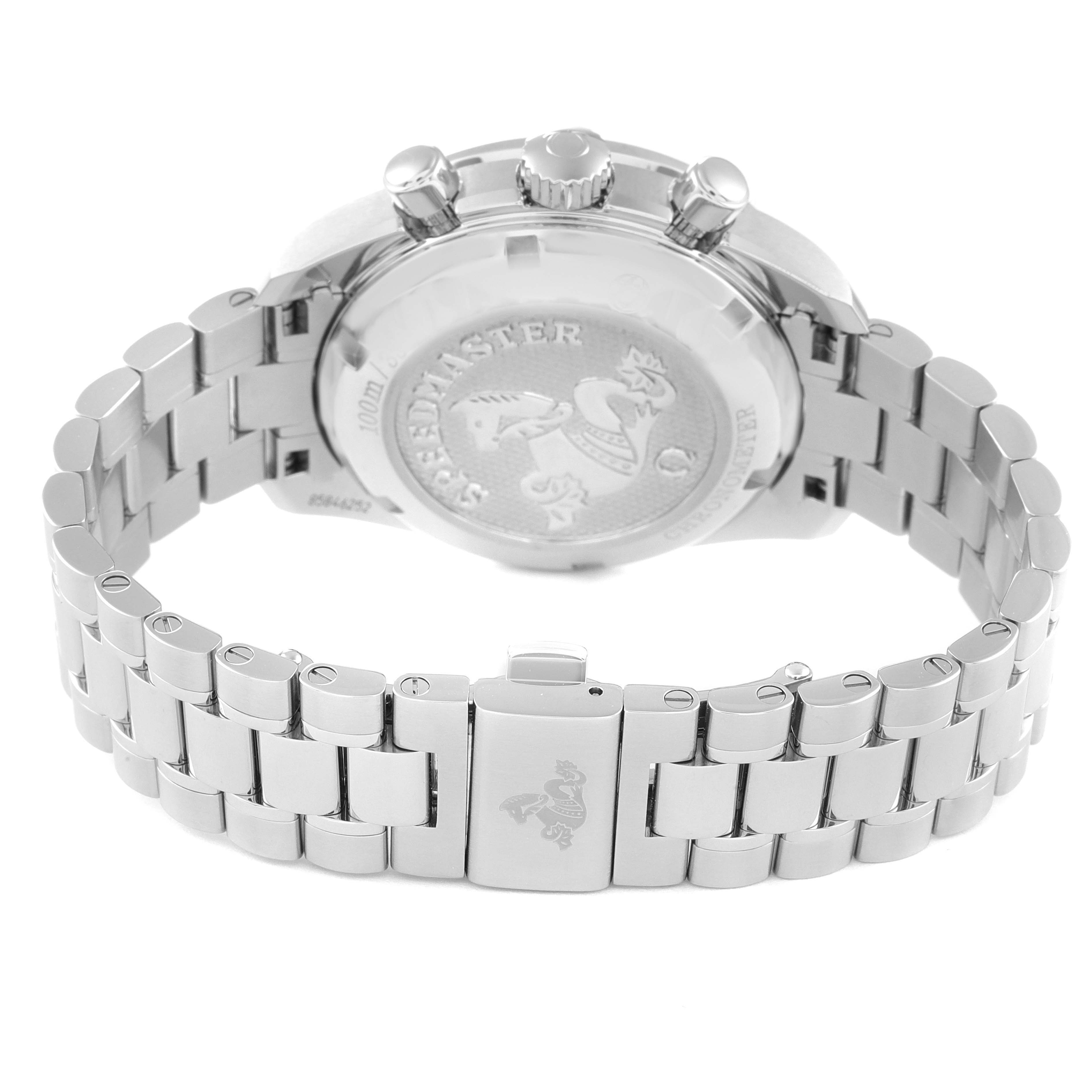 This image shows the back view of an Omega Speedmaster 324.30.38.40.06.001 Men's Stainless Steel Grey Dial 324.30.38.40.06.001 Men's Stainless Steel Grey Dial watch, highlighting the case back, crown, chronograph pushers, and metal bracelet.