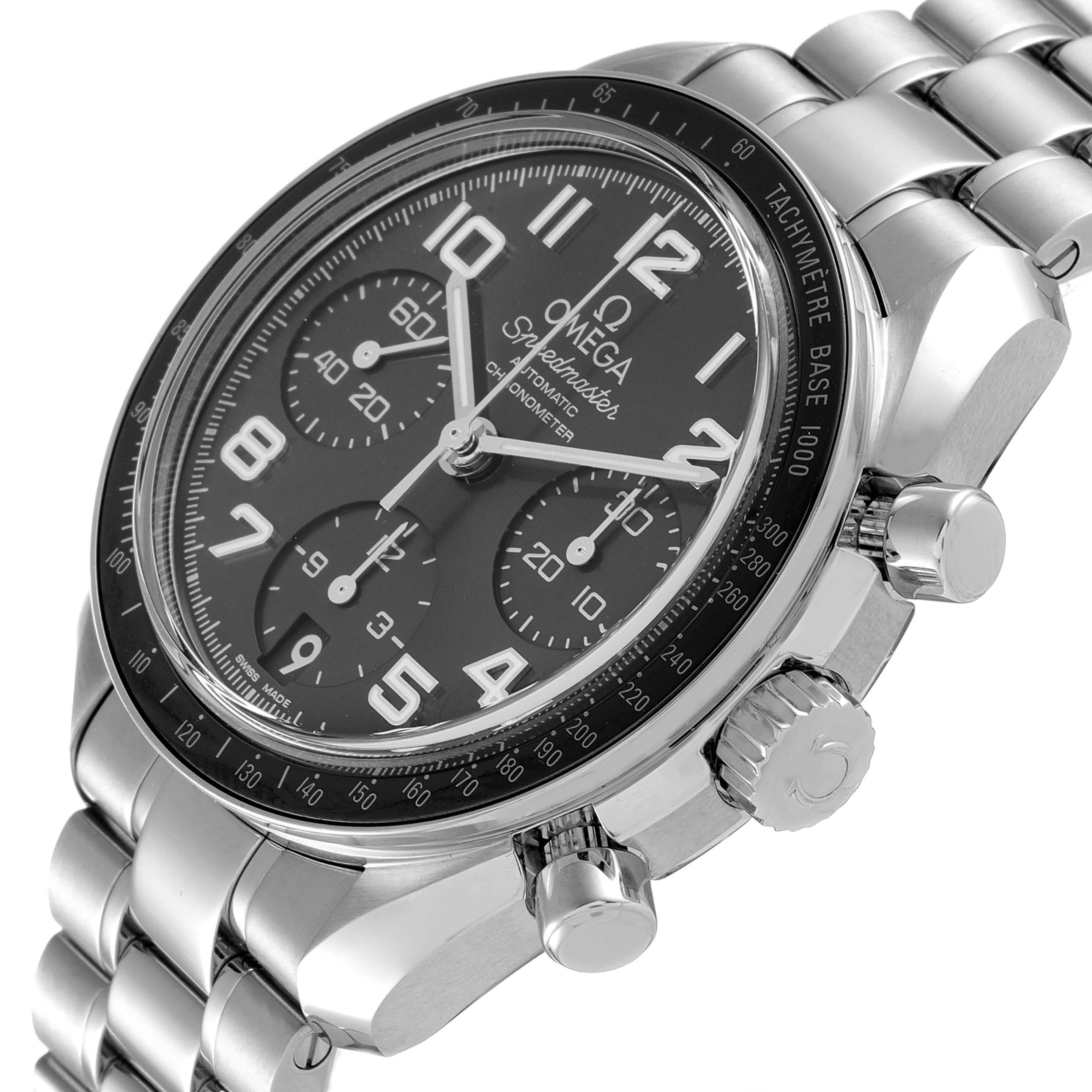 The image shows an angled view of the Omega Speedmaster 324.30.38.40.06.001 Men's Stainless Steel Grey Dial 324.30.38.40.06.001 Men's Stainless Steel Grey Dial watch, highlighting its face, chronograph subdials, and stainless steel bracelet.