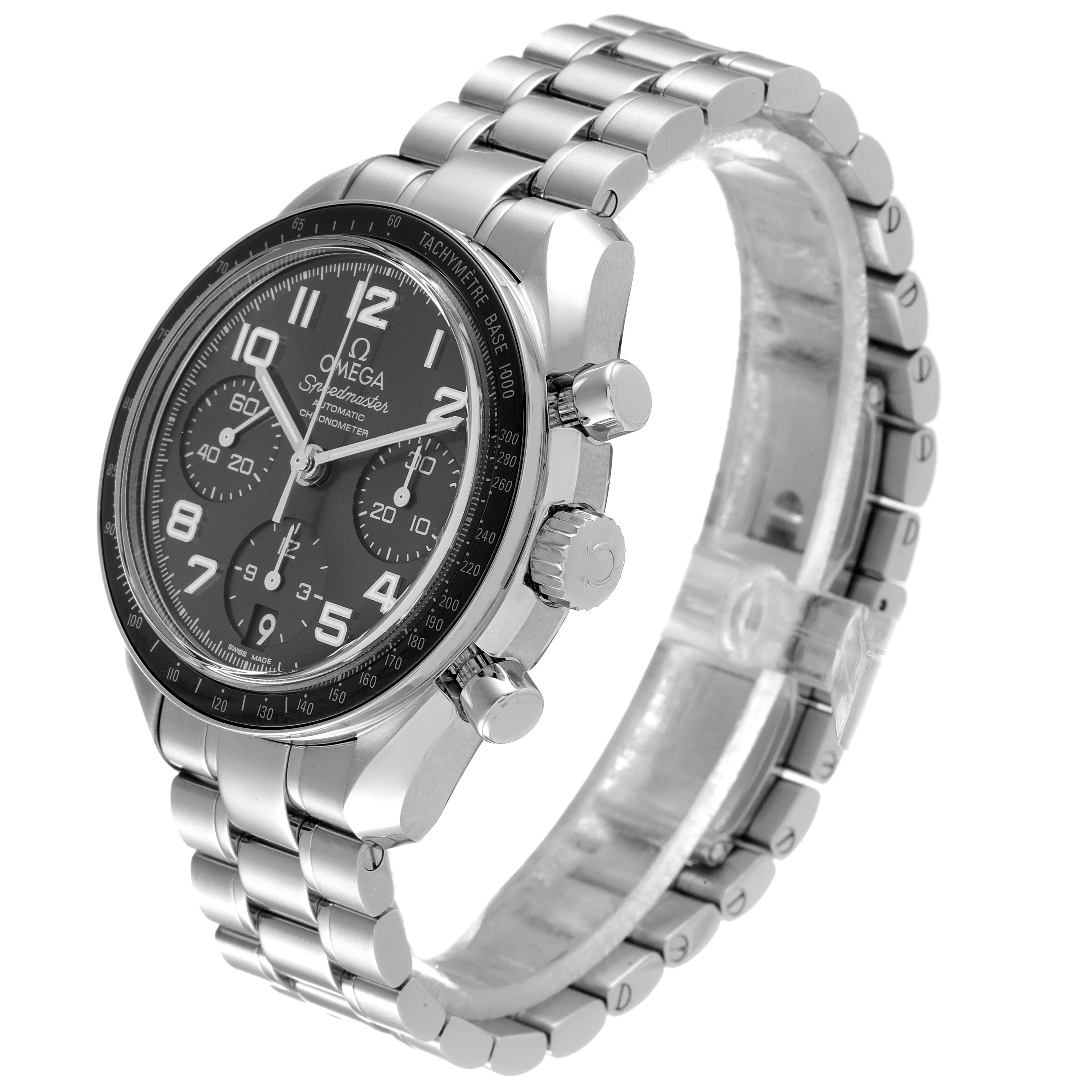 The image shows an Omega Speedmaster 324.30.38.40.06.001 Men's Stainless Steel Grey Dial 324.30.38.40.06.001 Men's Stainless Steel Grey Dial watch at a three-quarter angle, highlighting the face, crown, pushers, and bracelet.