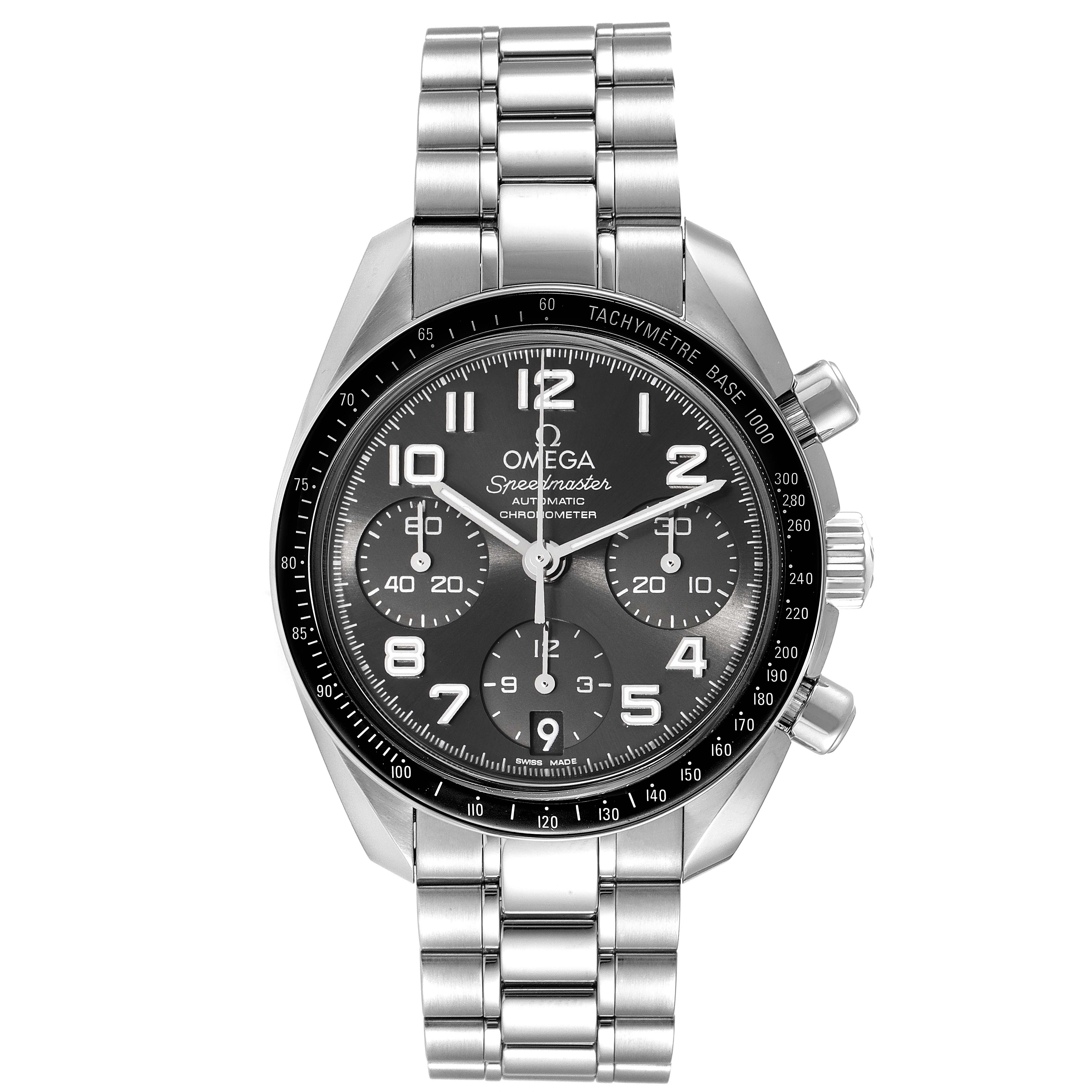The image shows a front view of an Omega Speedmaster 324.30.38.40.06.001 Men's Stainless Steel Grey Dial 324.30.38.40.06.001 Men's Stainless Steel Grey Dial watch, displaying its dial, chronograph sub-dials, and stainless steel bracelet.