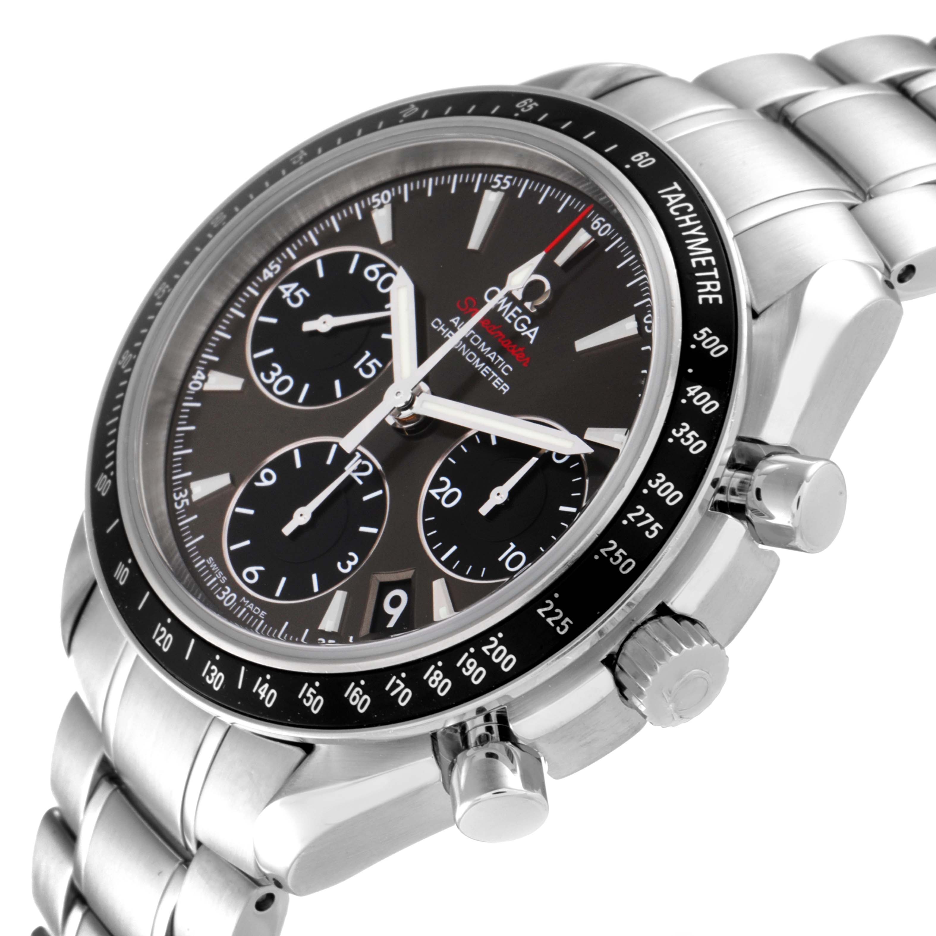 The image shows an Omega Speedmaster 323.30.40.40.06.001 Men's Stainless Steel Grey Dial 323.30.40.40.06.001 Men's Stainless Steel Grey Dial watch from a side angle, highlighting the dial, bezel, and part of the bracelet.