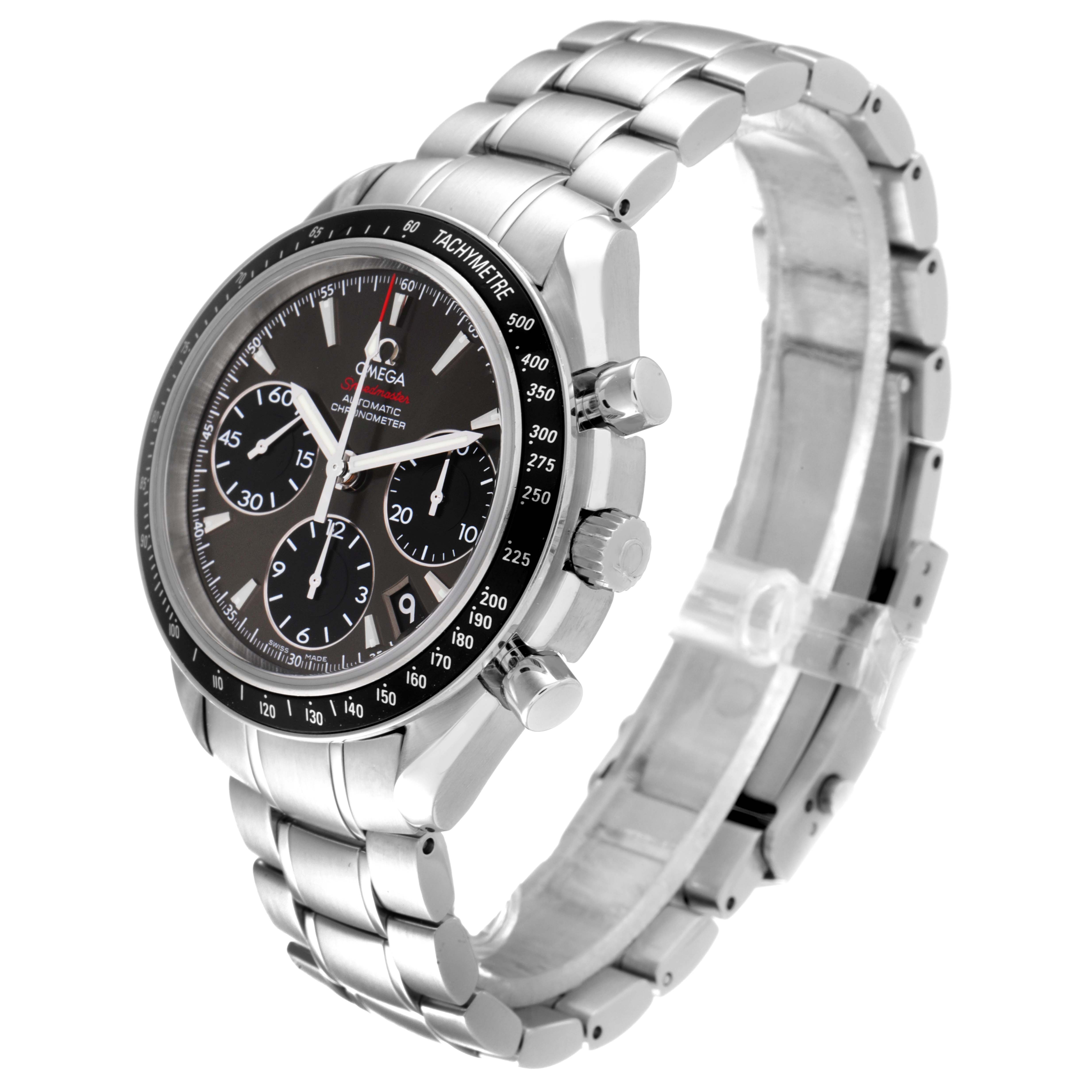 The Omega Speedmaster 323.30.40.40.06.001 Men's Stainless Steel Grey Dial 323.30.40.40.06.001 Men's Stainless Steel Grey Dial watch is shown at a three-quarter angle, highlighting the dial, tachymeter bezel, pushers, crown, and bracelet.