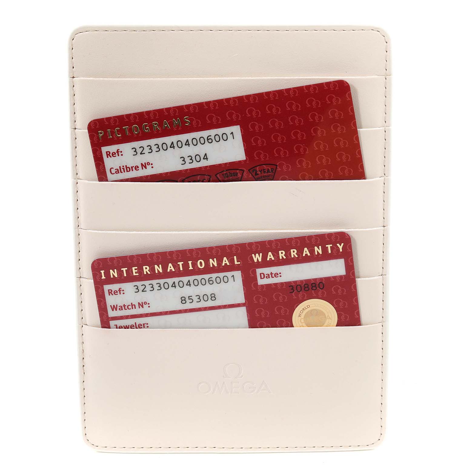 Image shows a cardholder with warranty and pictogram cards for an Omega Speedmaster 323.30.40.40.06.001 Men's Stainless Steel Grey Dial 323.30.40.40.06.001 Men's Stainless Steel Grey Dial watch.