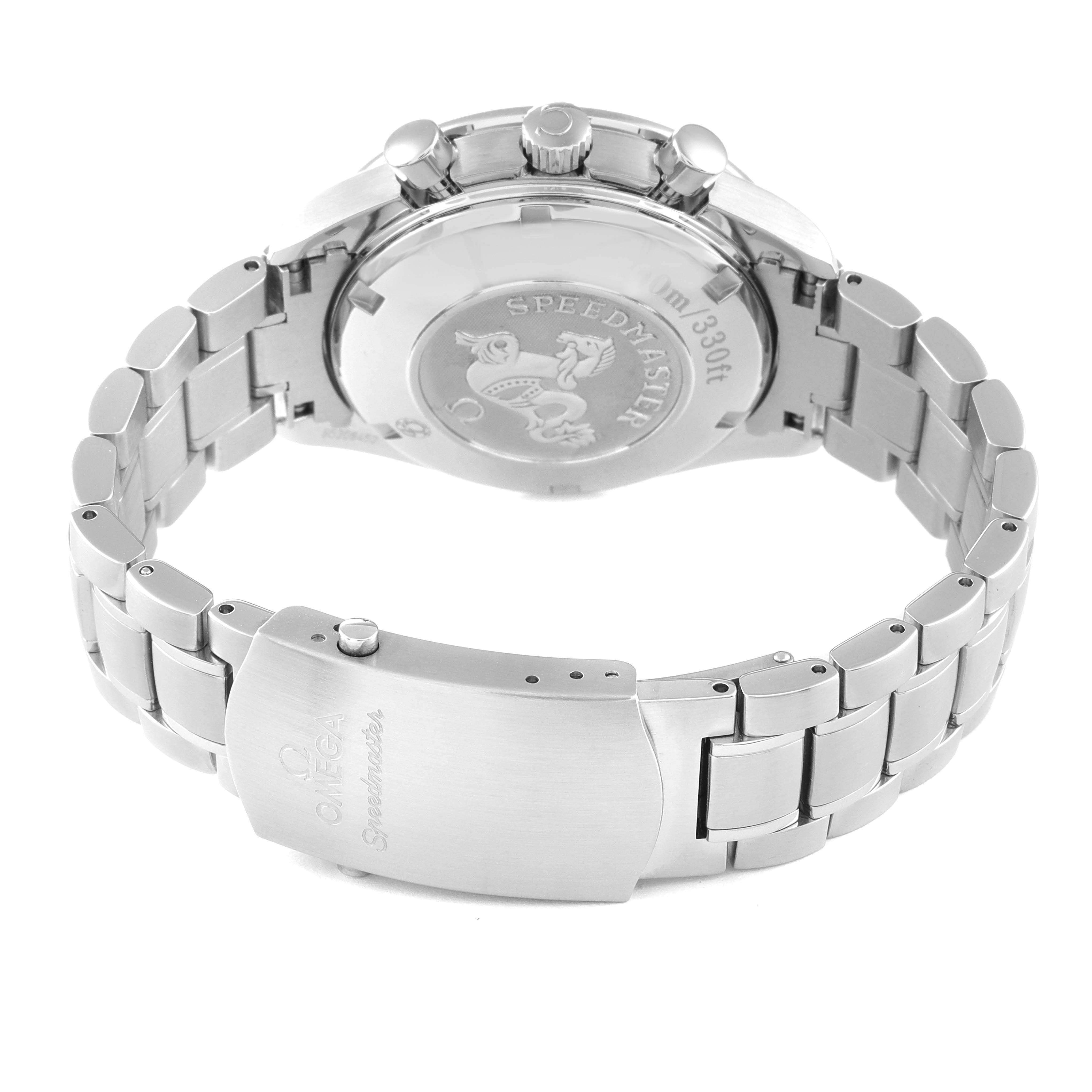 The image shows the back case and bracelet of an Omega Speedmaster 323.30.40.40.06.001 Men's Stainless Steel Grey Dial 323.30.40.40.06.001 Men's Stainless Steel Grey Dial watch from a rear angle.