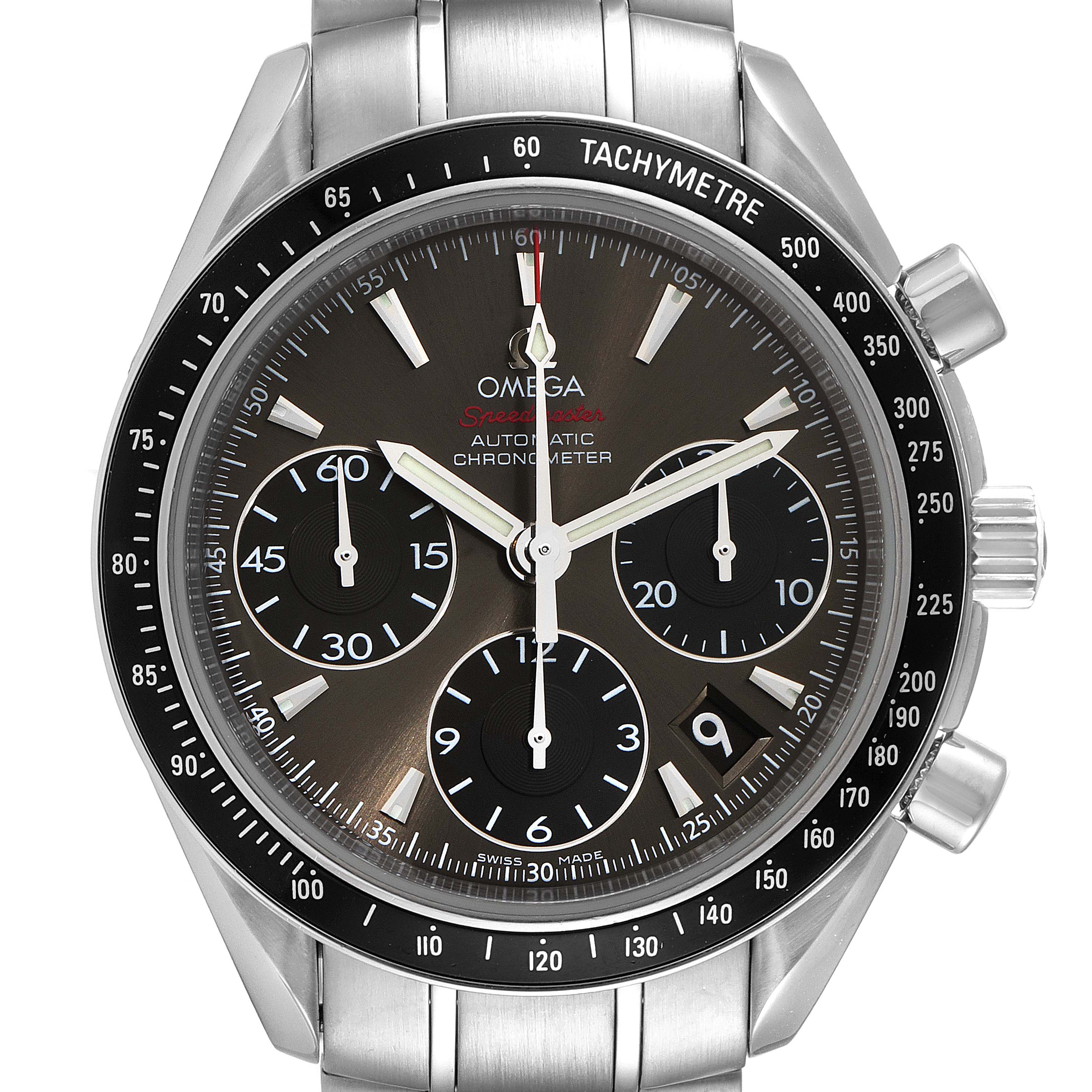 The image shows a frontal view of the Omega Speedmaster 323.30.40.40.06.001 Men's Stainless Steel Grey Dial 323.30.40.40.06.001 Men's Stainless Steel Grey Dial watch, highlighting the dial, subdials, tachymeter bezel, and bracelet.