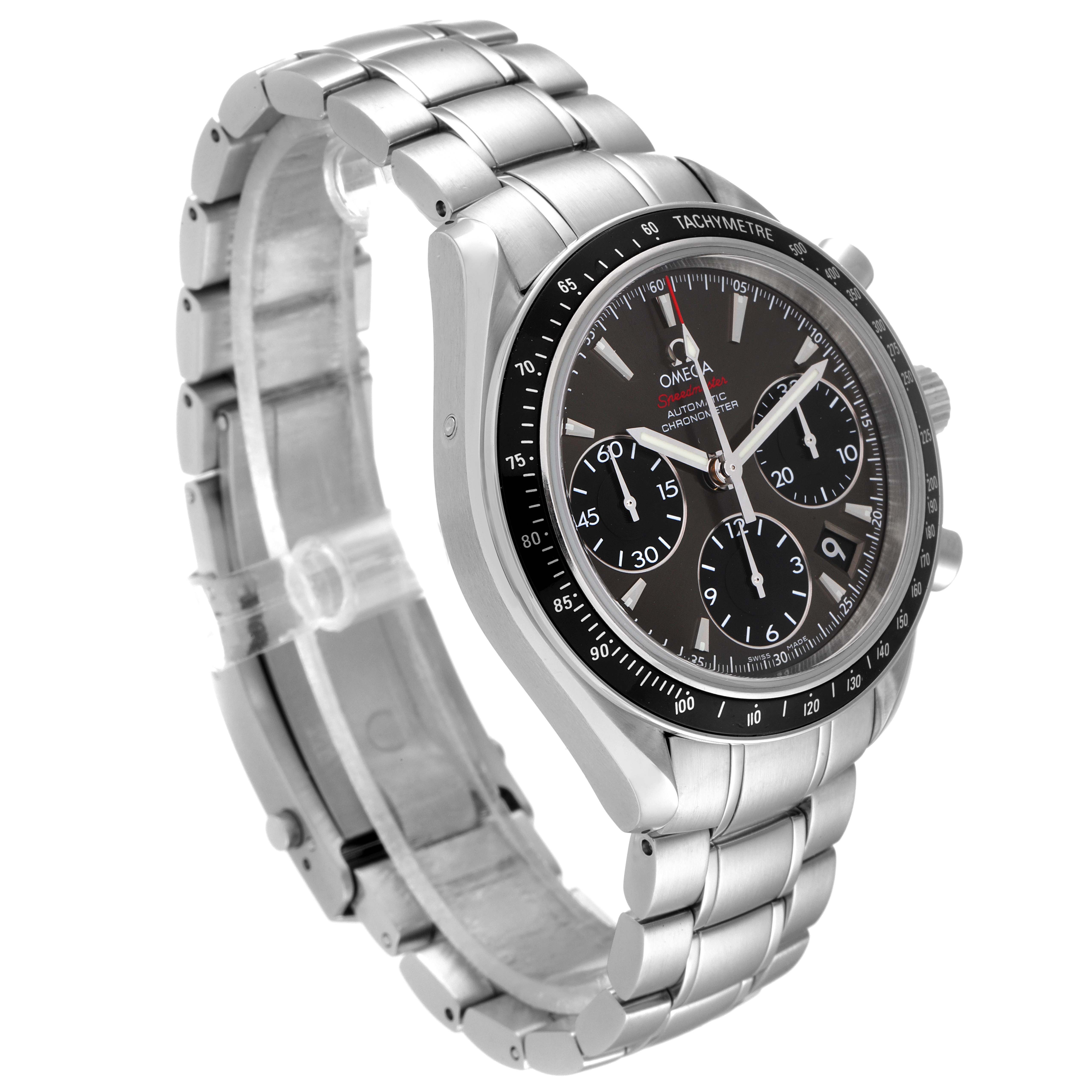 The Omega Speedmaster 323.30.40.40.06.001 Men's Stainless Steel Grey Dial 323.30.40.40.06.001 Men's Stainless Steel Grey Dial watch is shown at a three-quarter angle, highlighting its stainless steel case, black dial, and tachymeter bezel.