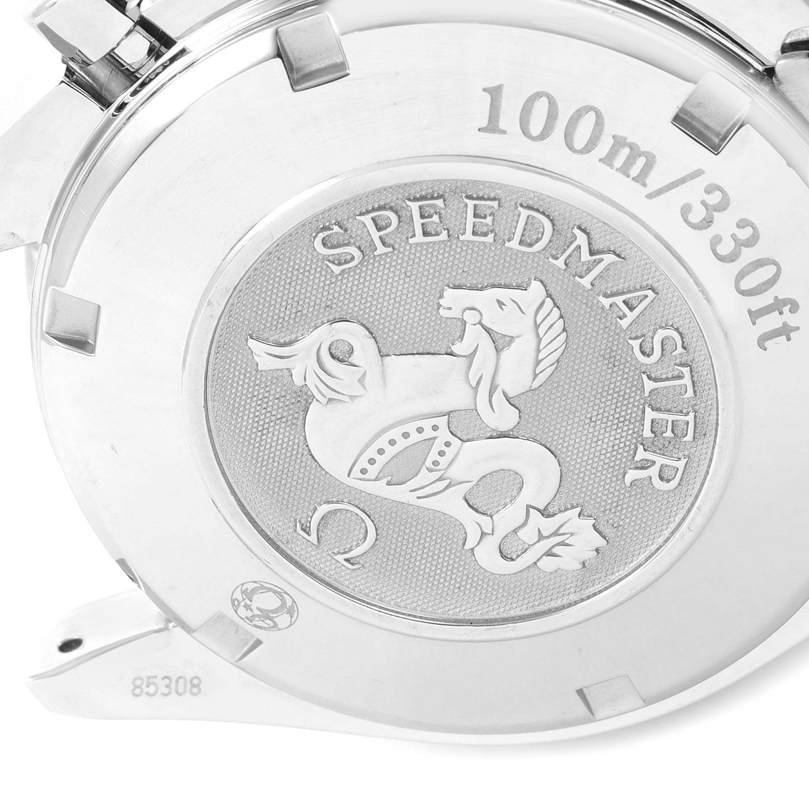 The image shows the case back of an Omega Speedmaster 323.30.40.40.06.001 Men's Stainless Steel Grey Dial 323.30.40.40.06.001 Men's Stainless Steel Grey Dial watch, highlighting its design and water resistance marking.