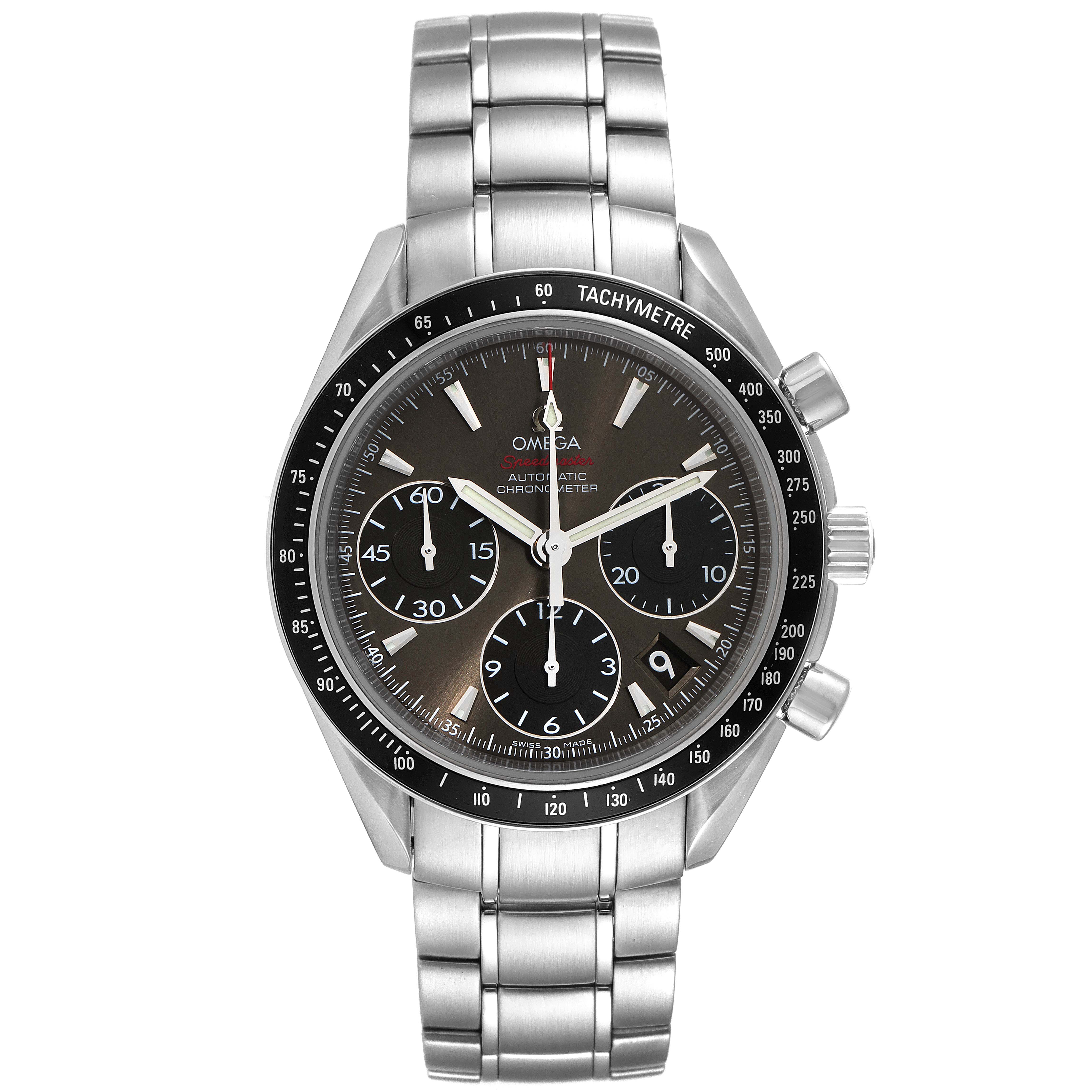 This image shows a front-angle view of the Omega Speedmaster 323.30.40.40.06.001 Men's Stainless Steel Grey Dial 323.30.40.40.06.001 Men's Stainless Steel Grey Dial, displaying its dial, bezel, and metal bracelet.